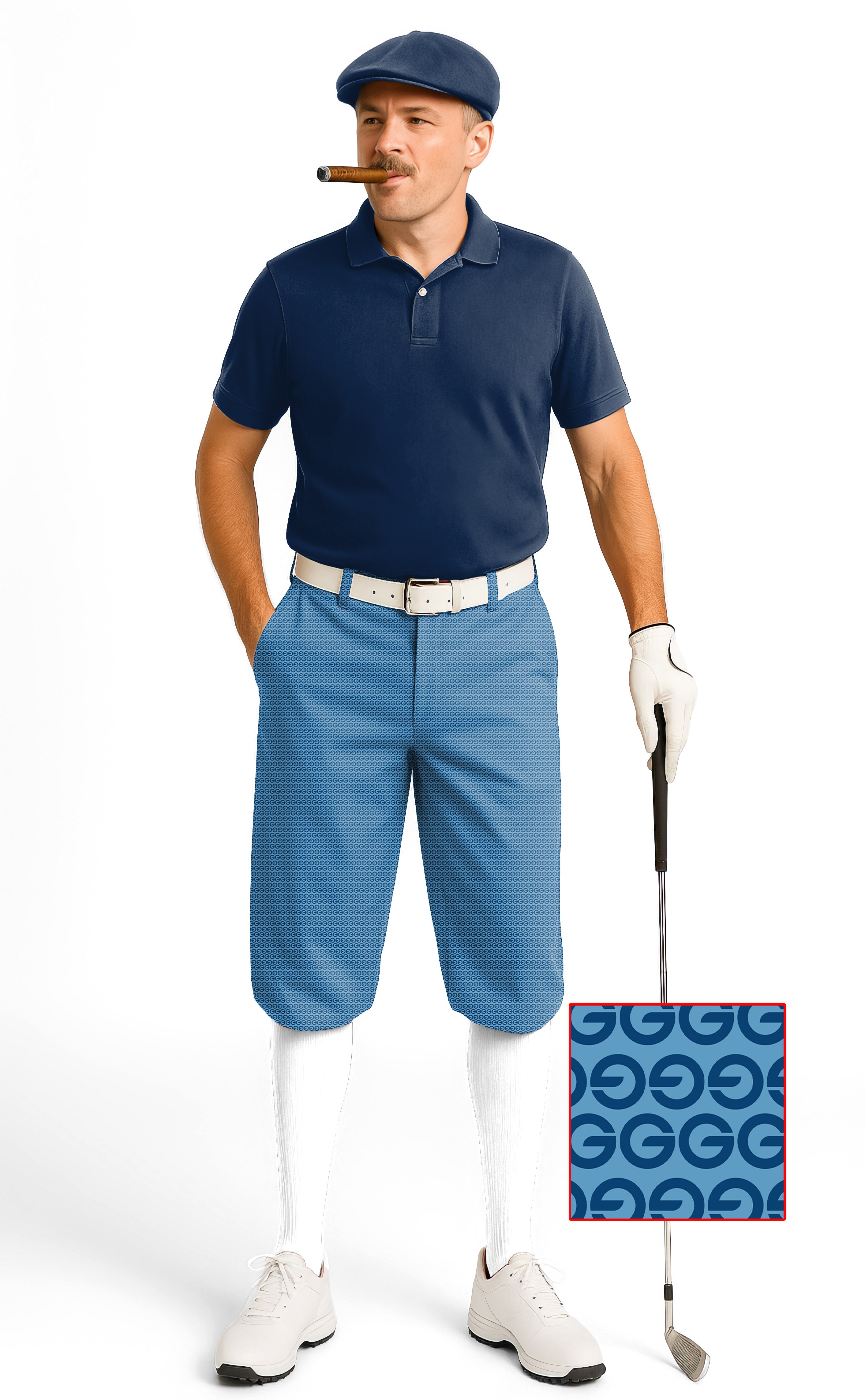 Blue G Men's Golf Knickers Pants featuring soft, breathable fabric, snug ankle cuffs, adjustable Velcro waist, and wrinkle-resistant design.