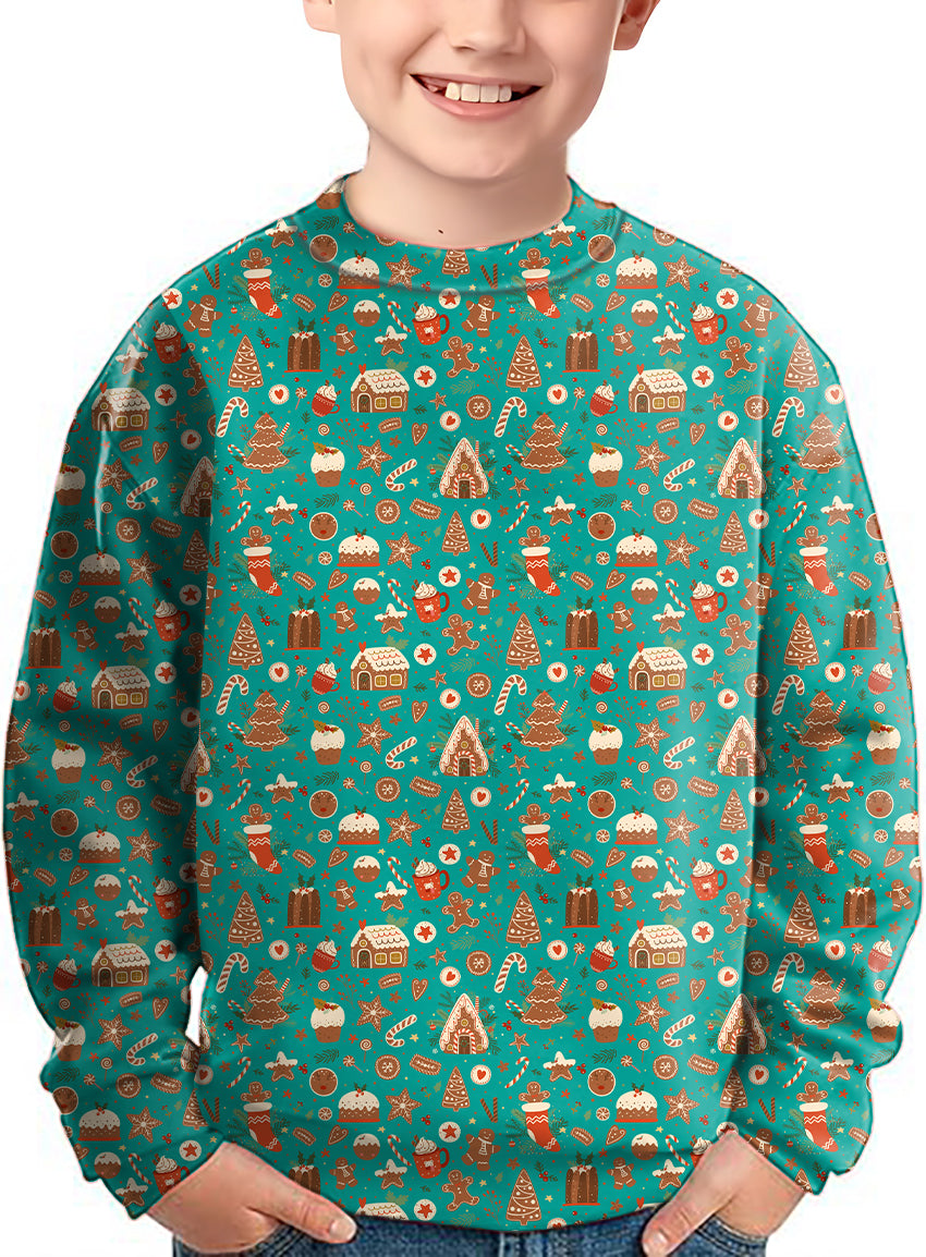 Green Christmas Candy House Crewneck Pullover Kids Ugly Sweater