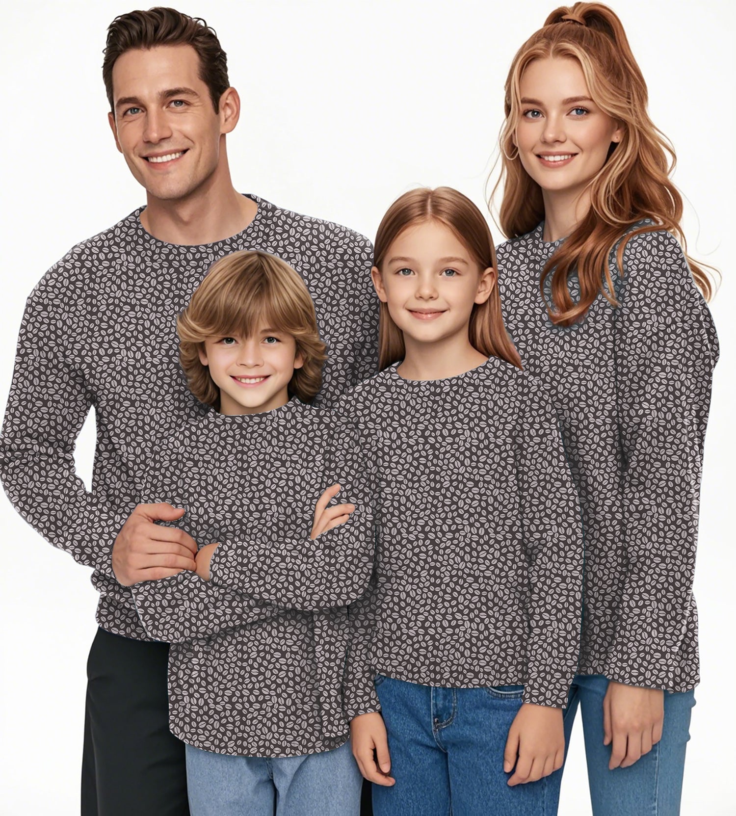 Family wearing matching coffee bean patterned long sleeve shirts in a casual family portrait