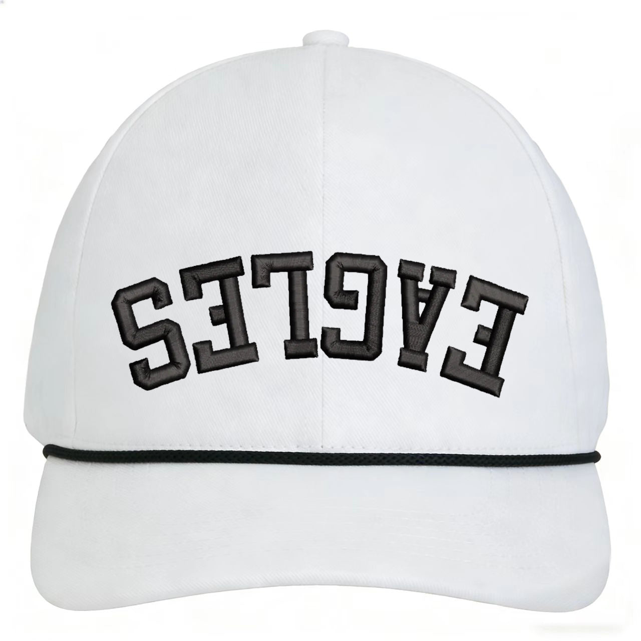 Custom embroidered vintage inverted EAGLES snapback hat in white with black lettering and adjustable fit