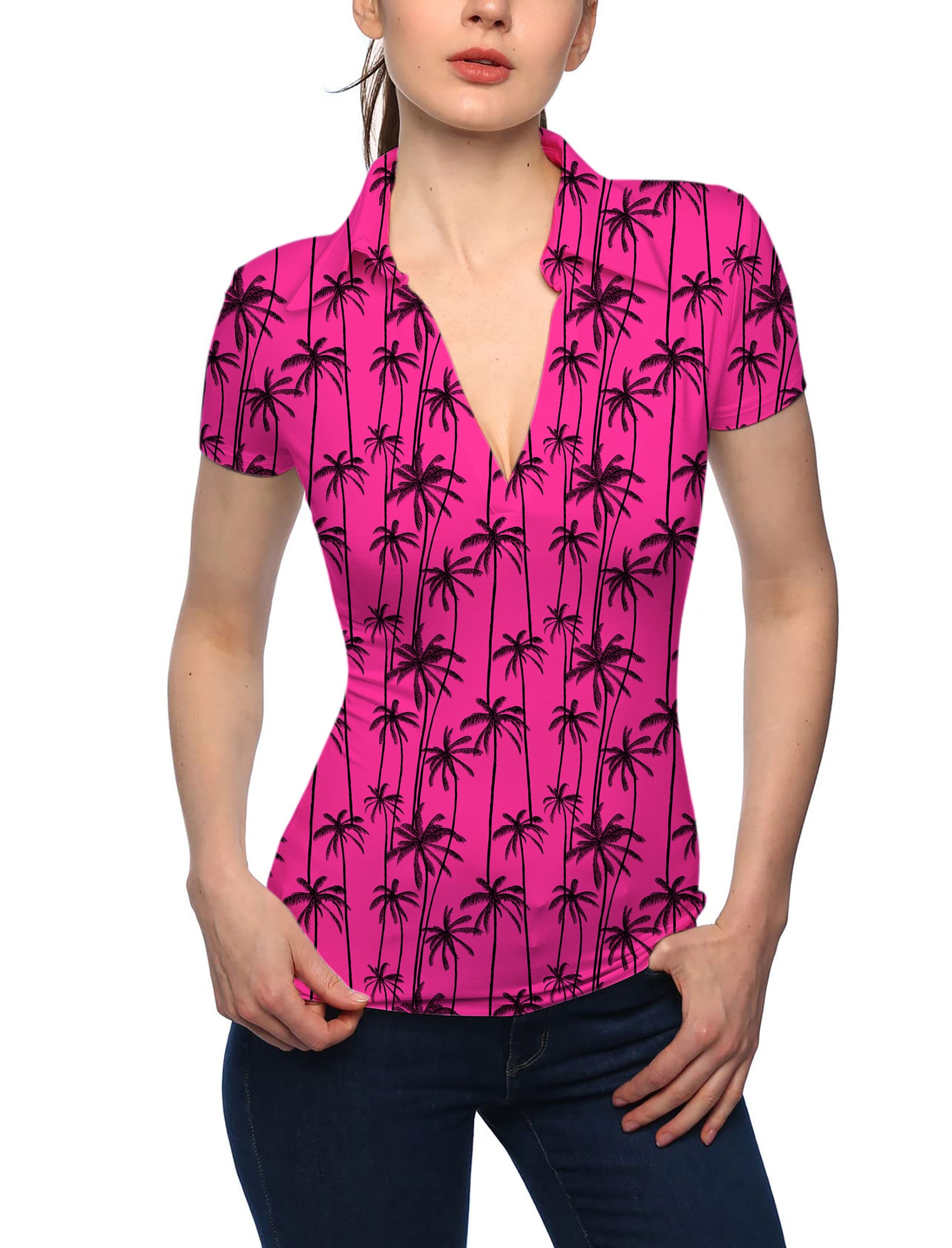 Women's Rose-Red Coconut Trees V Neck Golf Polo