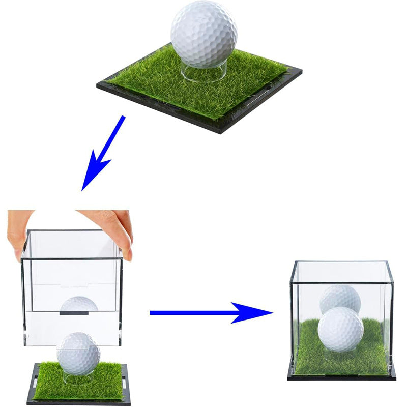 Golf Tees Set holder with artificial grass base and transparent cover displaying golf balls