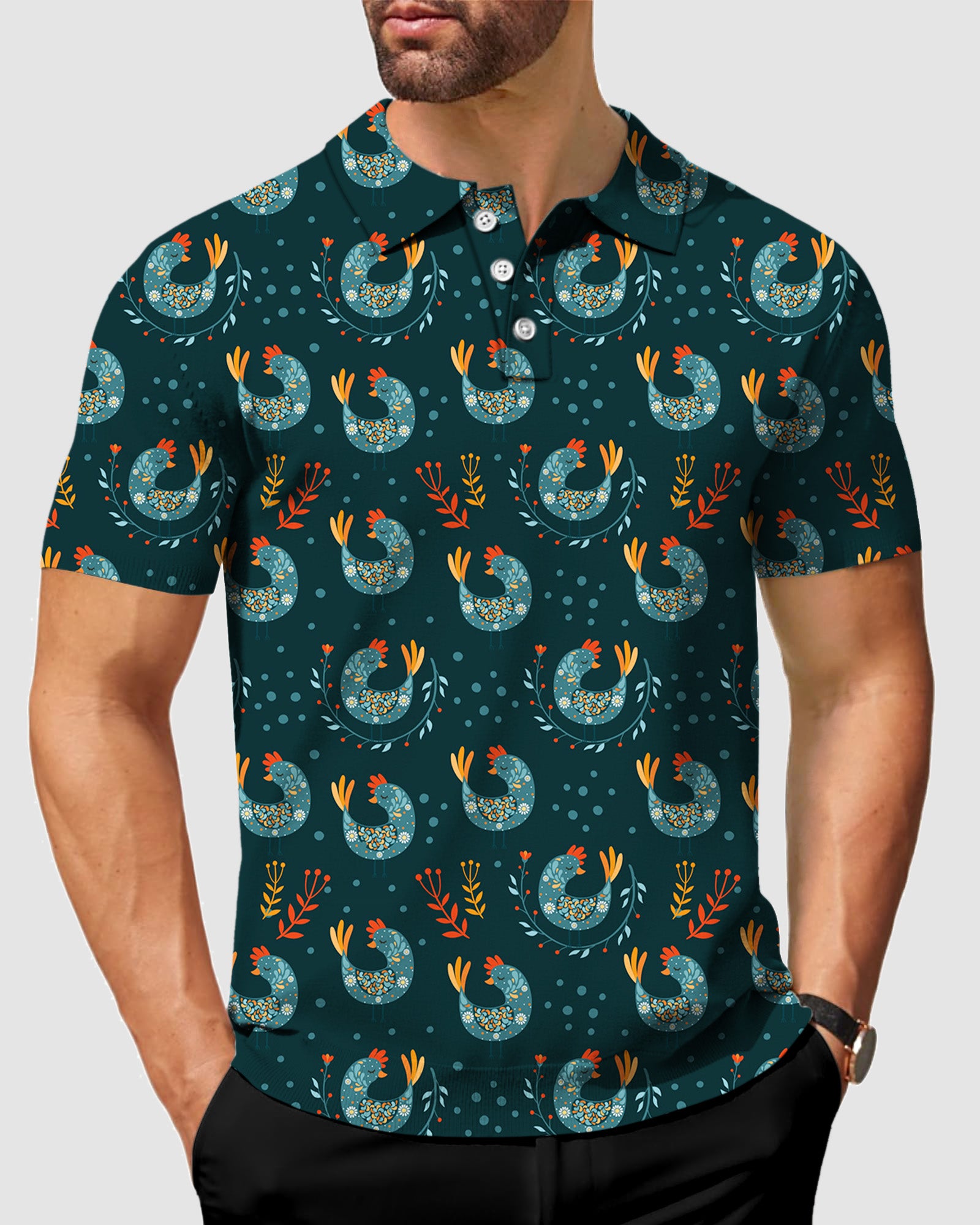 Men's Funny Cute Floral Folk Bird Polo