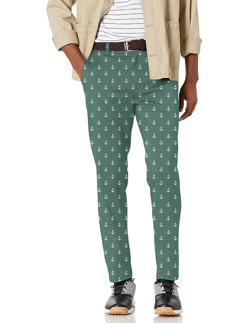 Men's green anchor patterned stretch golf pants with moisture-wicking fabric and active waistband