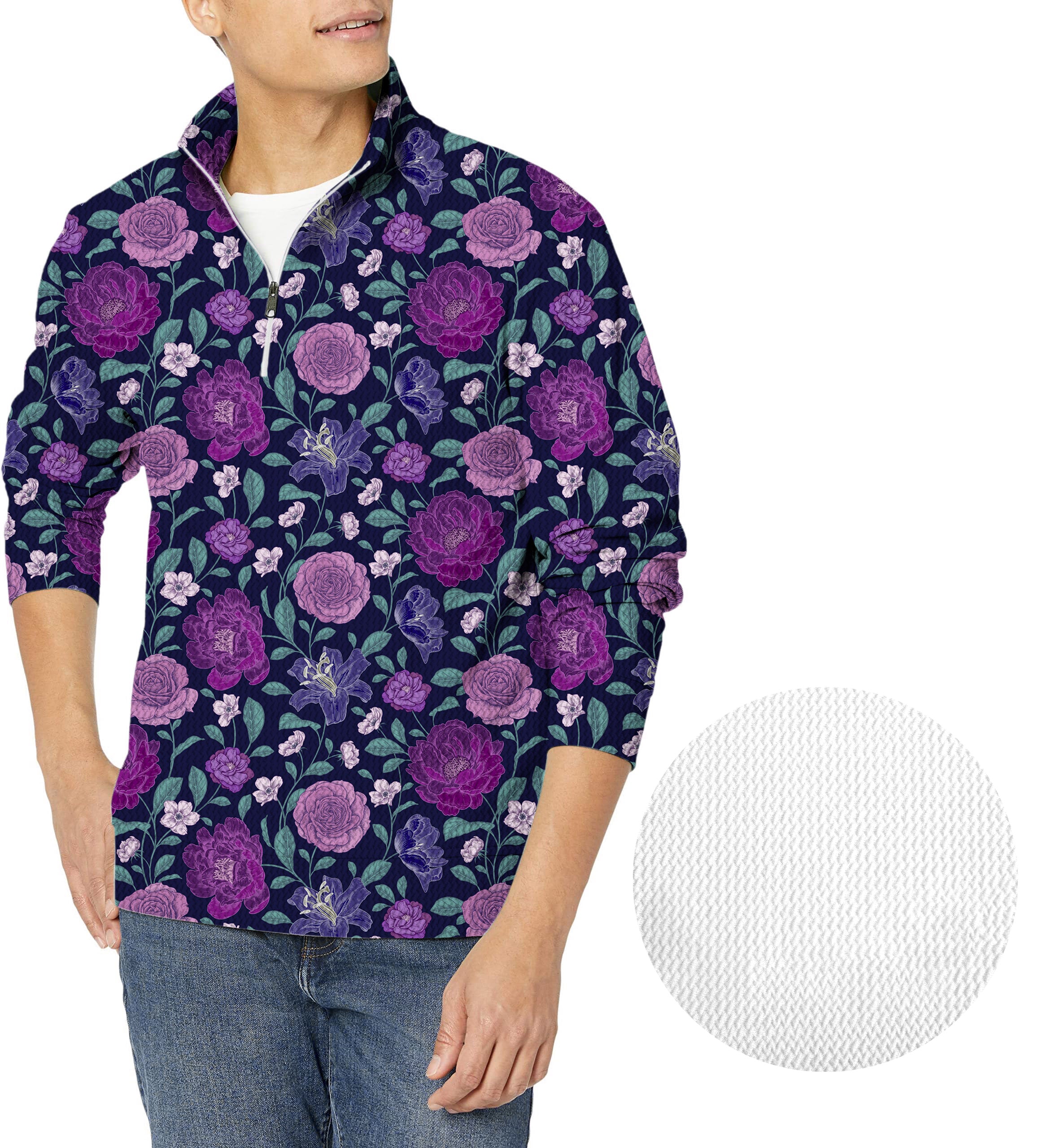 Purple Floral-Men's Golf Waffle Zipper Pullover
