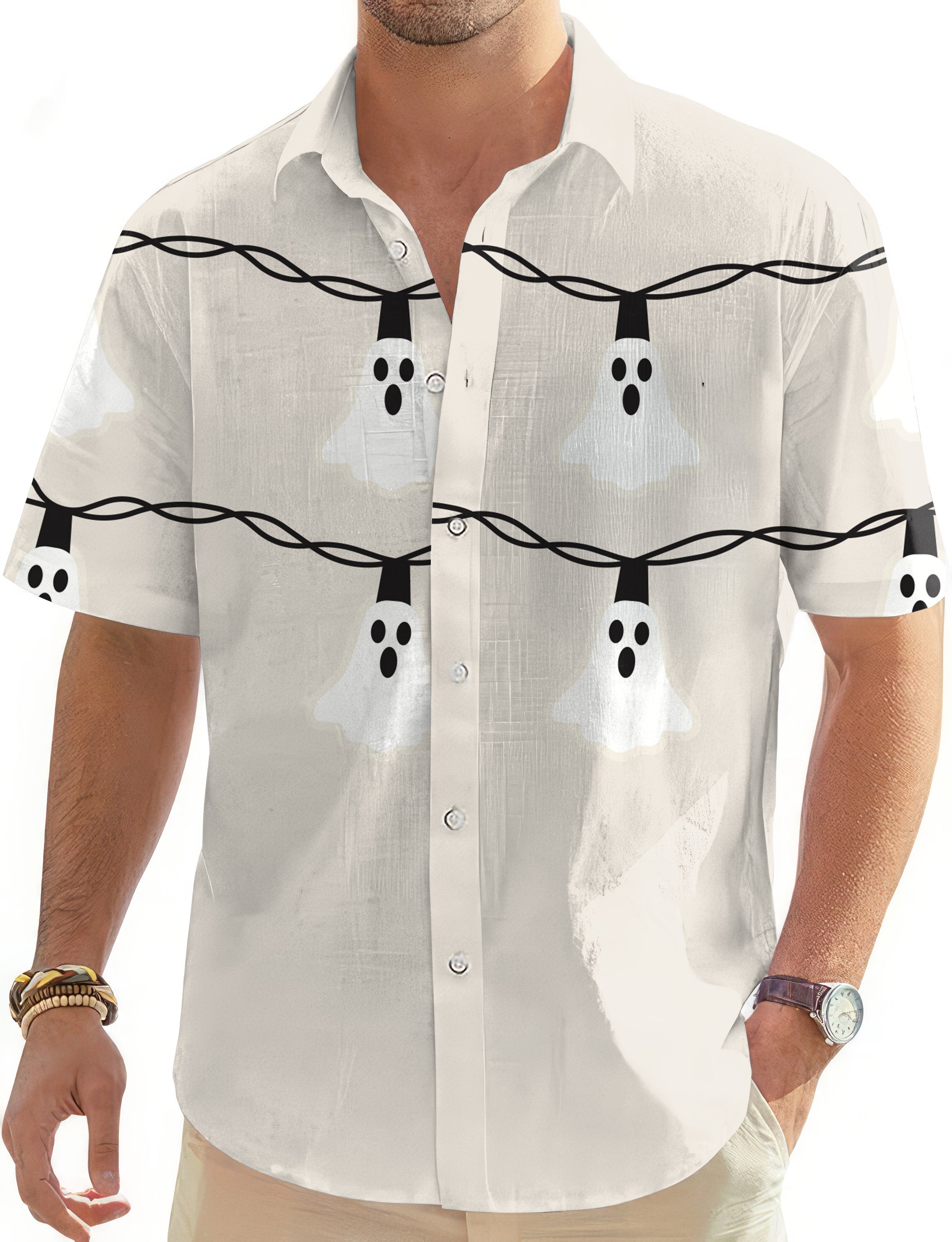 Halloween Ghost Light Men's Golf Hawaiian Shirts Button Down Shirt