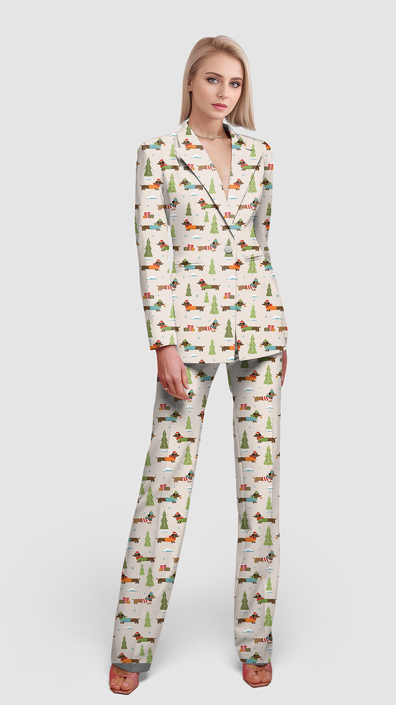 Christmas Dachshund women's blazer and pants suit set with festive holiday print and lapel collar