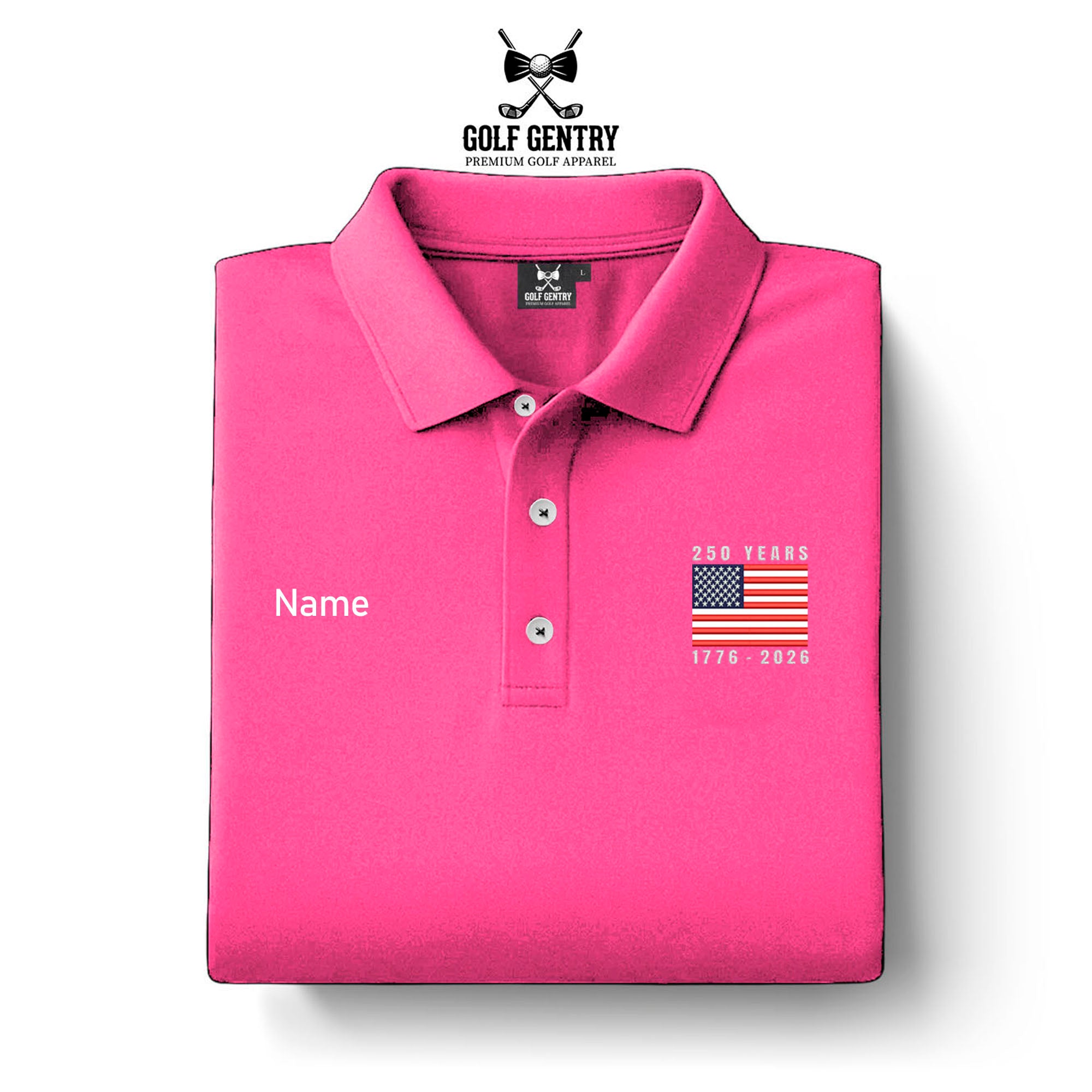 Men's The United States Celebrates Its 250th Anniversary of Independence Solid FuchsiaColor Embroidery On The Left Chest Nylon Polo