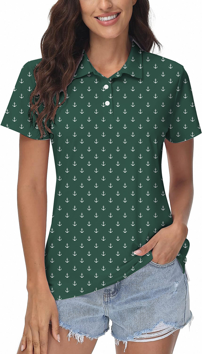Green Anchor Women's Golf Polo with anchor print, four-way stretch, moisture-wicking, wrinkle resistant, UPF 40+ protection, and classic fit.