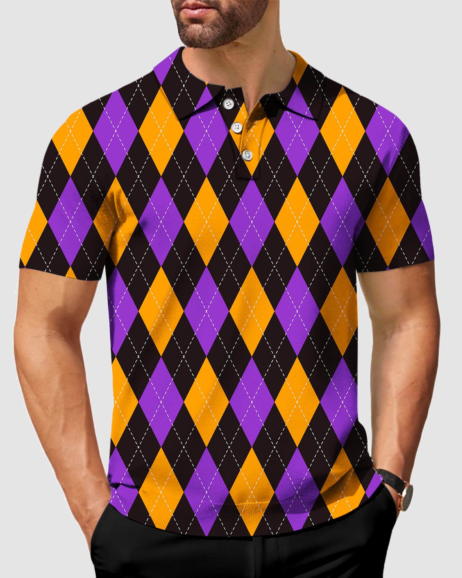 Men's Orange purple and black argyle Polo