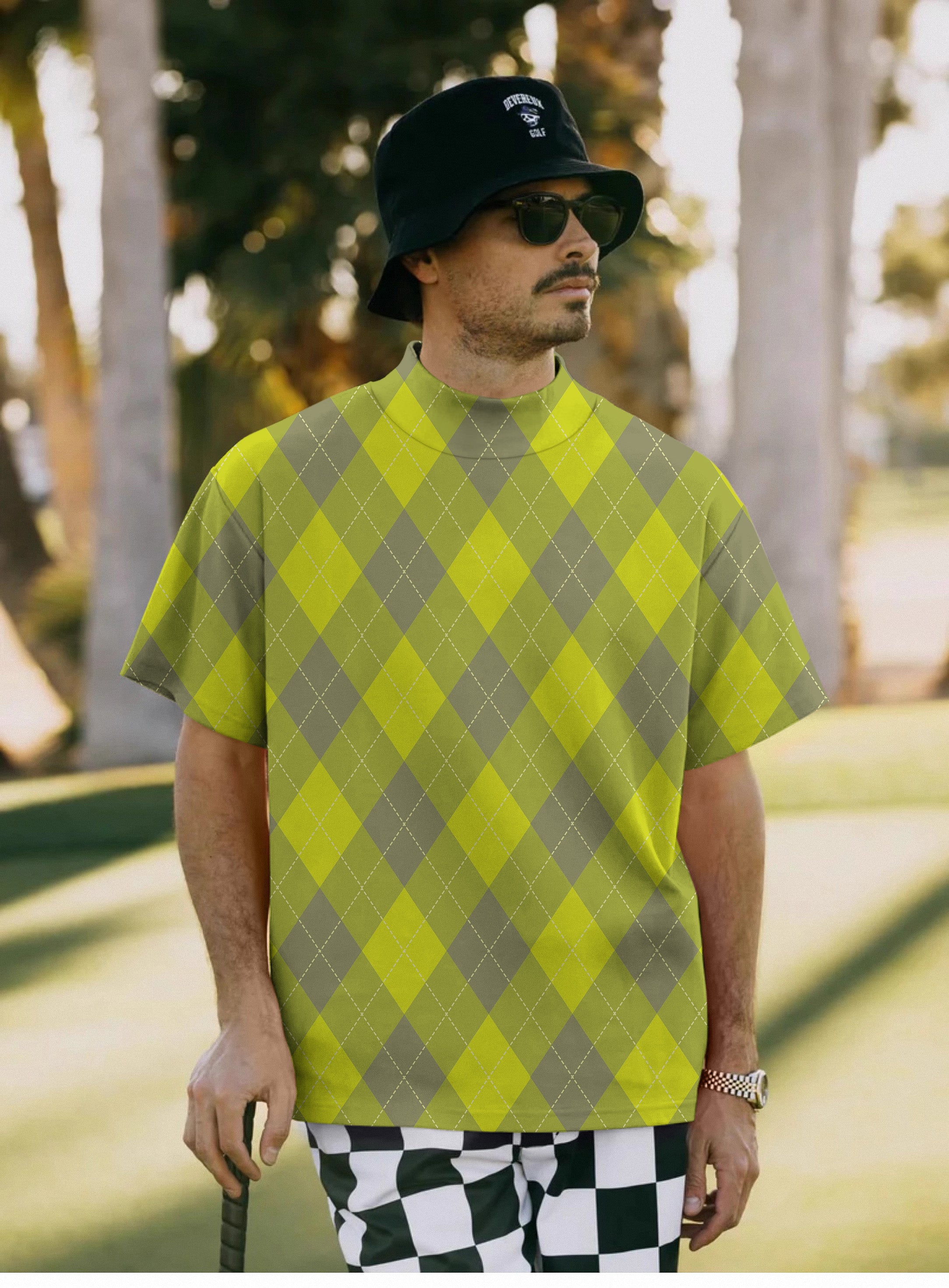 Men's Yollow Argyle Pullover High neck Long/Short sleeve T-Shirt