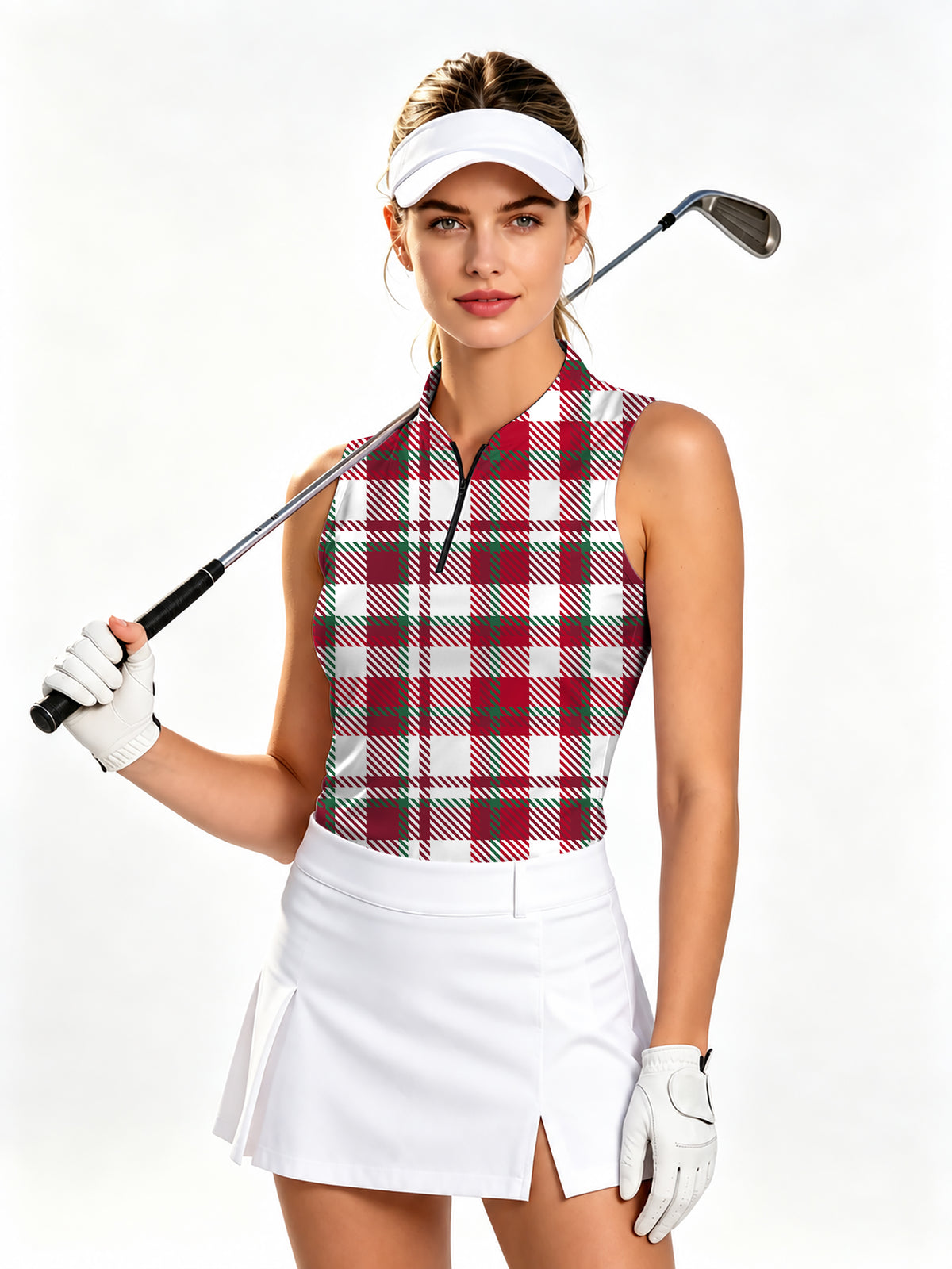 Christmas stripes Women's Quarter Zip Mock Neck Sleeveless Golf Athletic Blouse