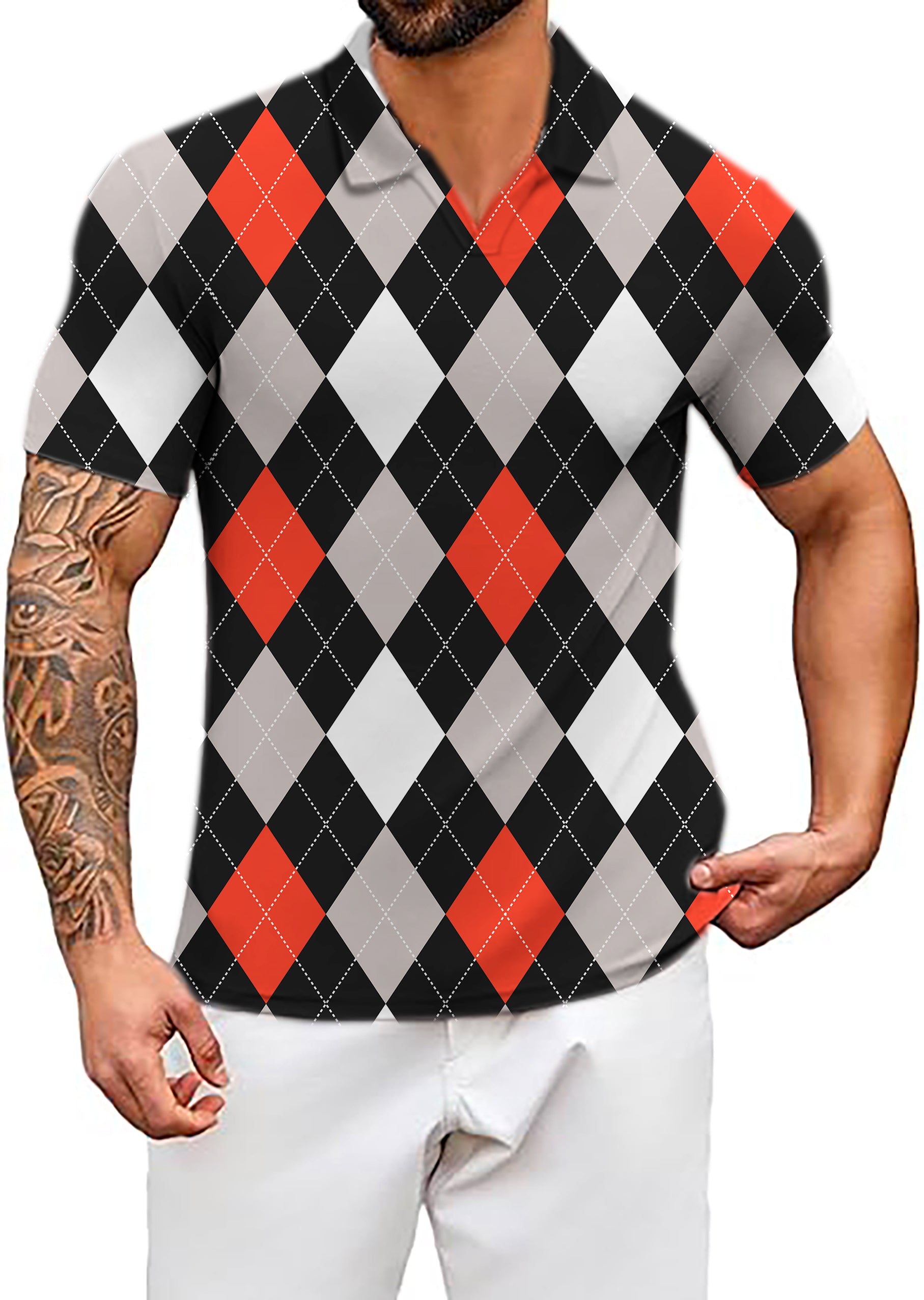 Men's Argyle red black V Neck Golf Polo Shirts