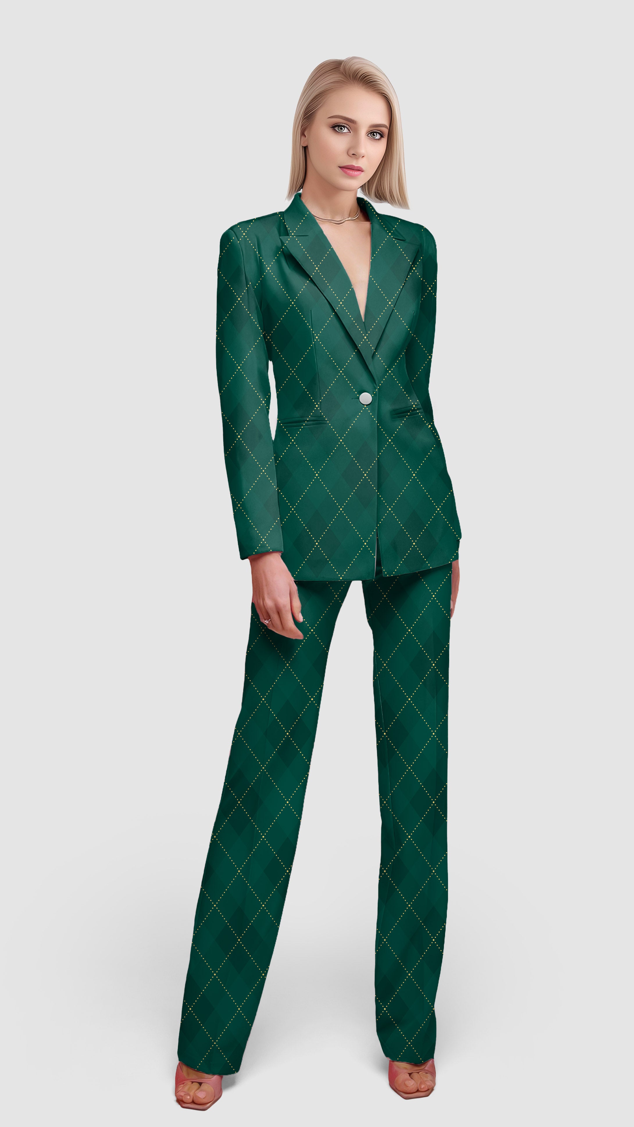 Green Argyle-Women's Blazer Casual Work Office Blazer Suit set