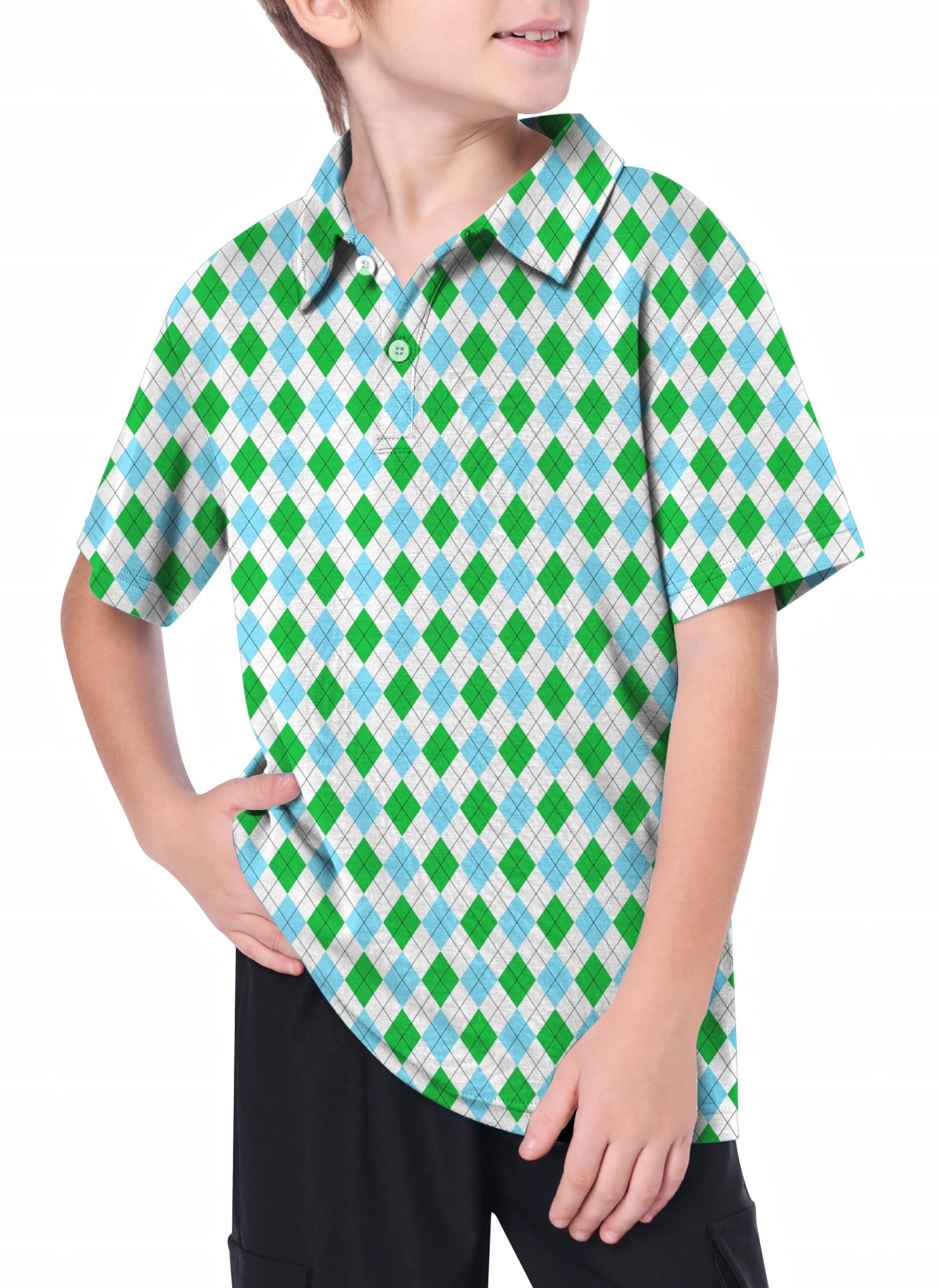 Youth Green diamond grid Golf Polo