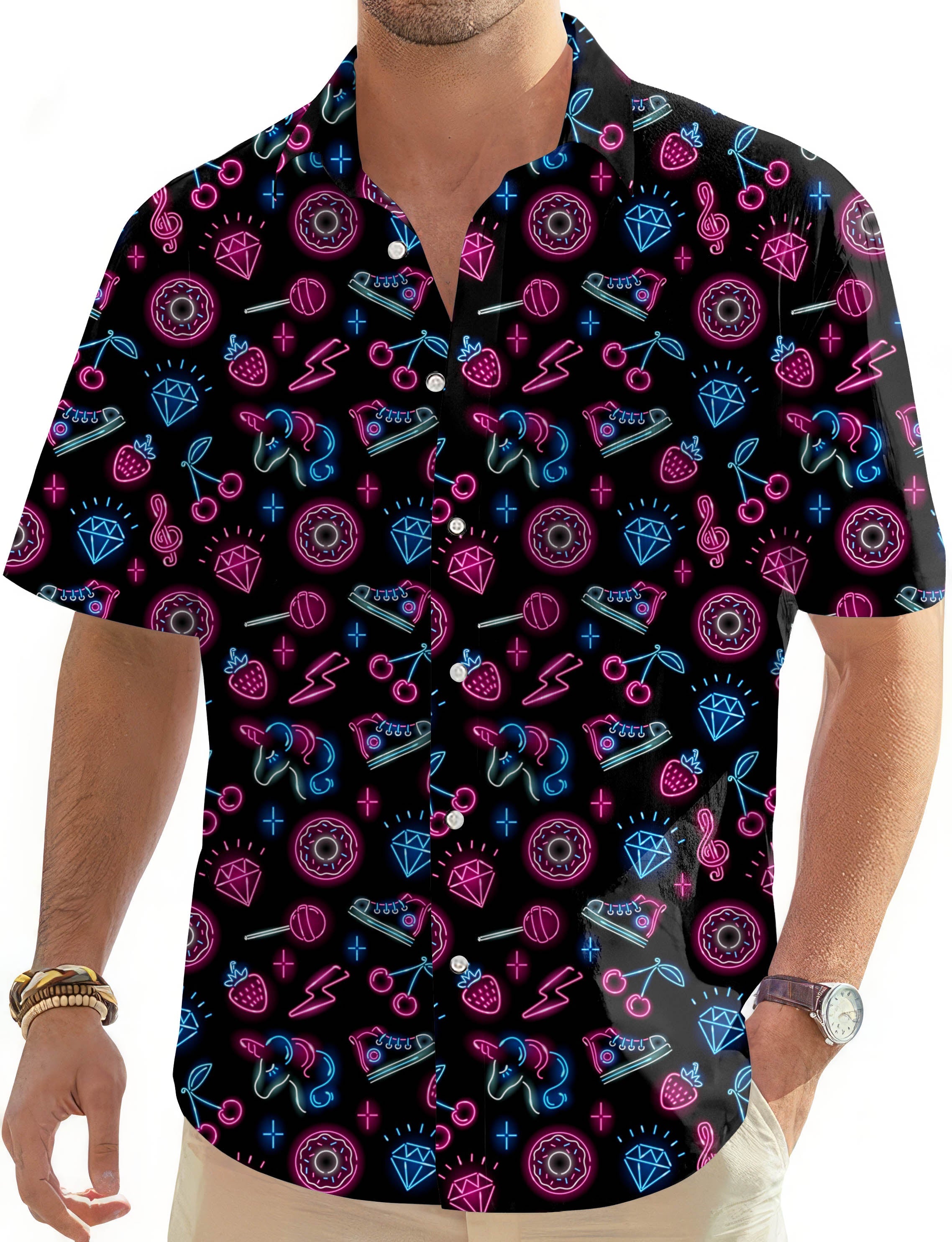 Men's neon Love-Men's Golf Hawaiian button down shirt with vibrant neon patterns and short sleeves