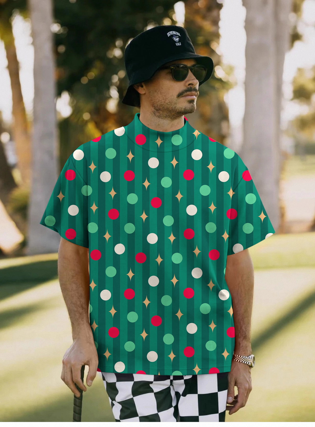 Men's Green Christmas Lollipops Mock Neck Long/Short Sleeve Golf Tops