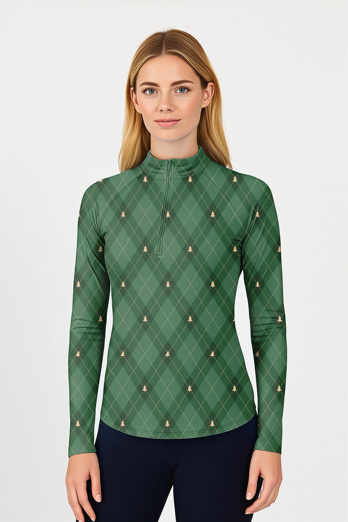 Green diamond-patterned Christmas tree Women's Golf Active 3/4 Zipper Top Long Sleeves