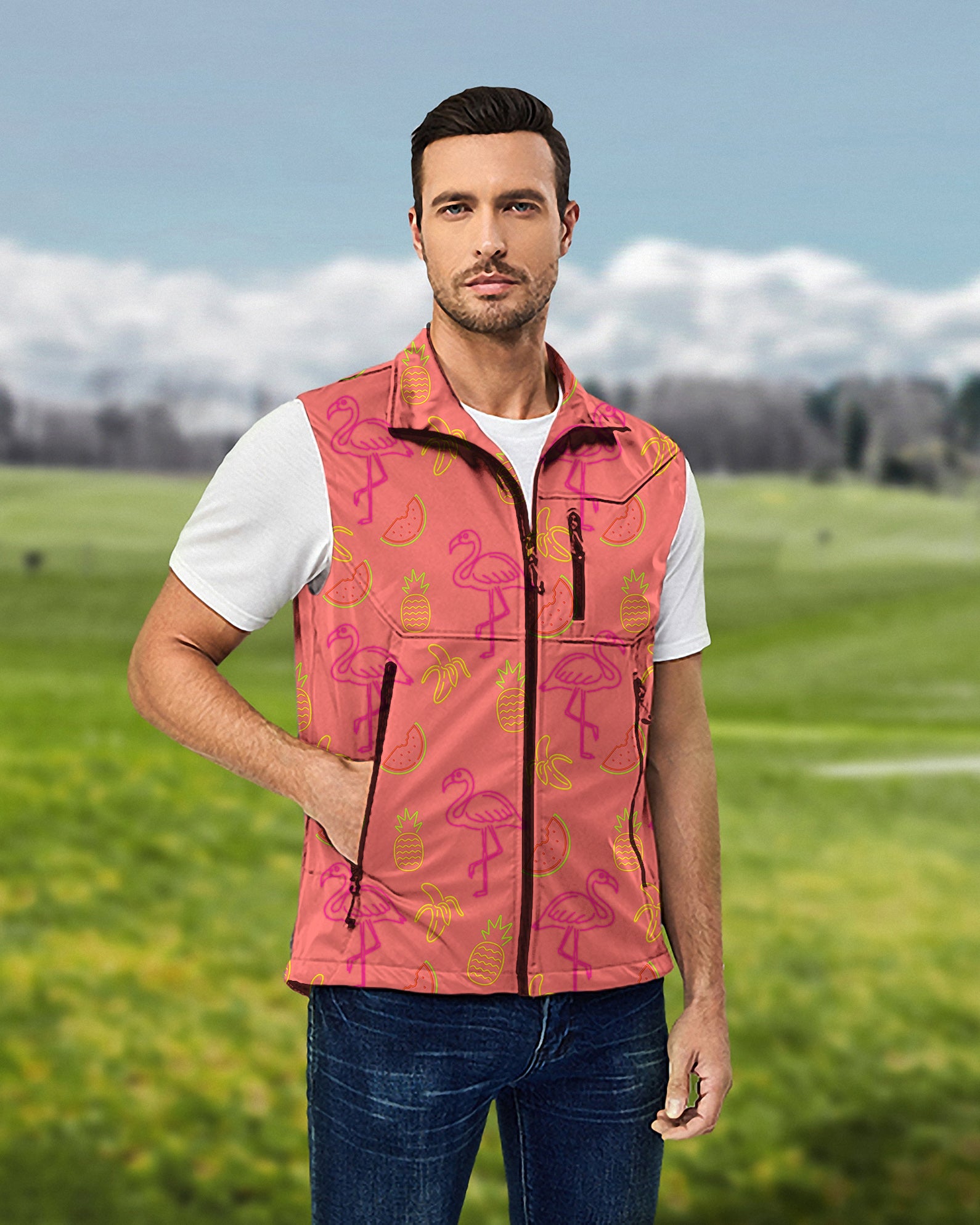 Men's Fruity Flamingo Lightweight Softshell Vest Sleeveless Jacket for Golf Windproof Waterproof