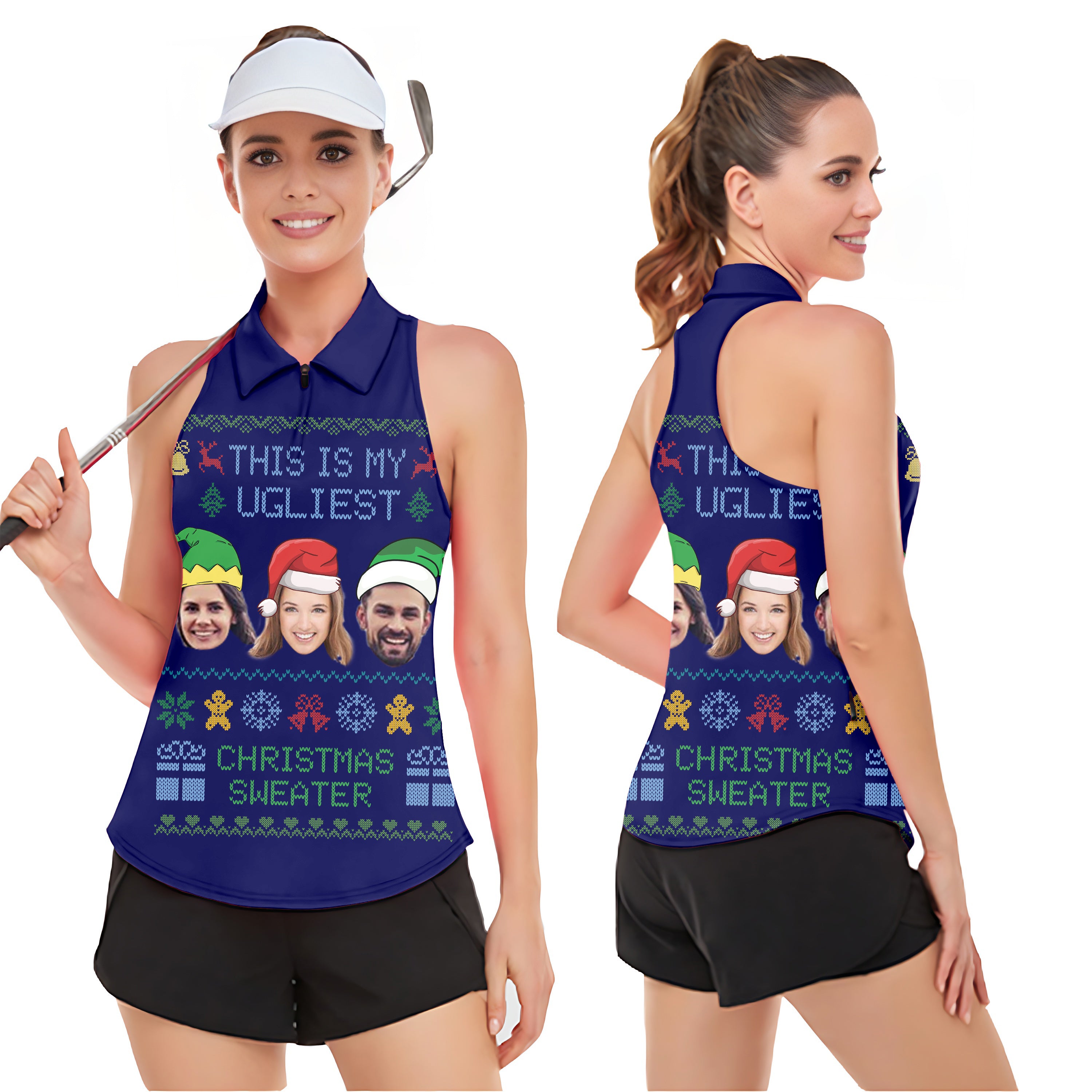 Navy-Christmas Custom face Women’s Sleeveless Golf Tank Top Shirt Polo