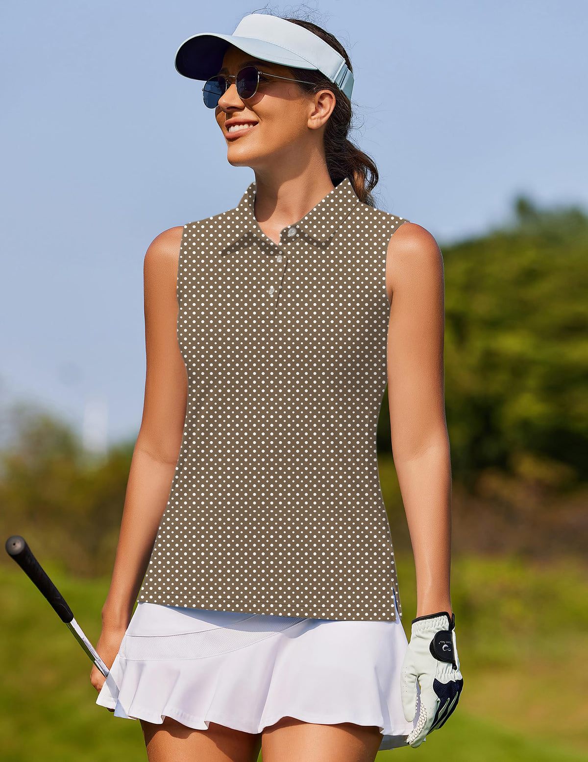 white polka dot brown Women's golf Sleeveless shirt