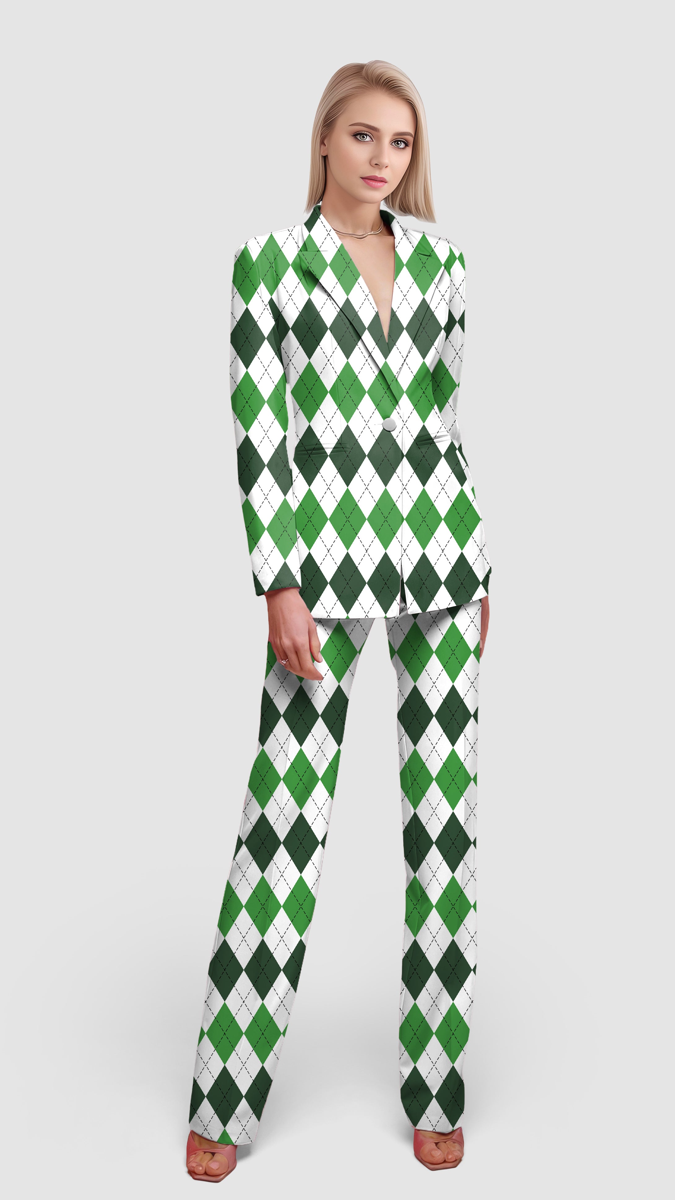 St. Patricks day Argyle plaid-Women's Blazer Casual Work Office Blazer Suit set