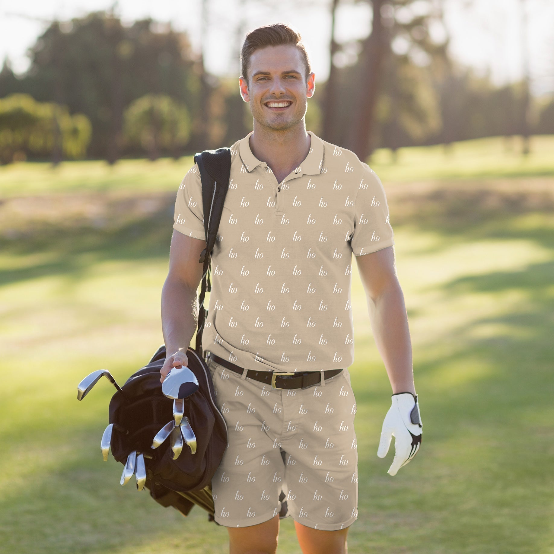 Men's beige golf polo and shorts set with custom name, moisture-wicking fabric, and UPF 40+ protection