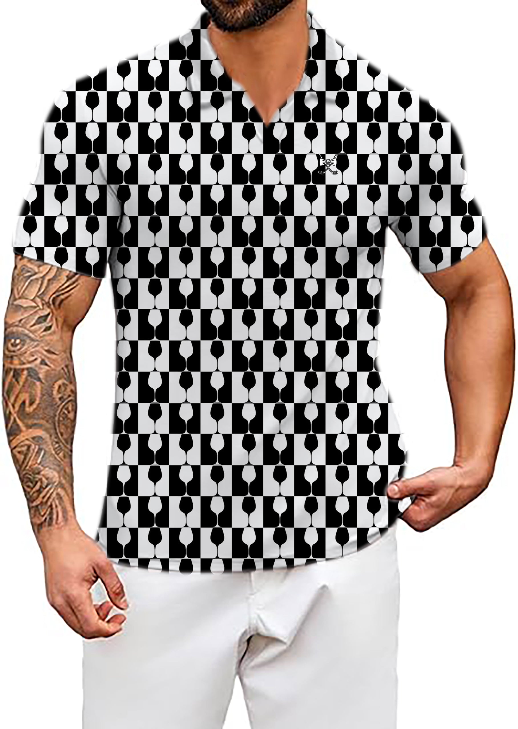 Men's Black And White Wine Cup V Neck Golf Polo Shirts