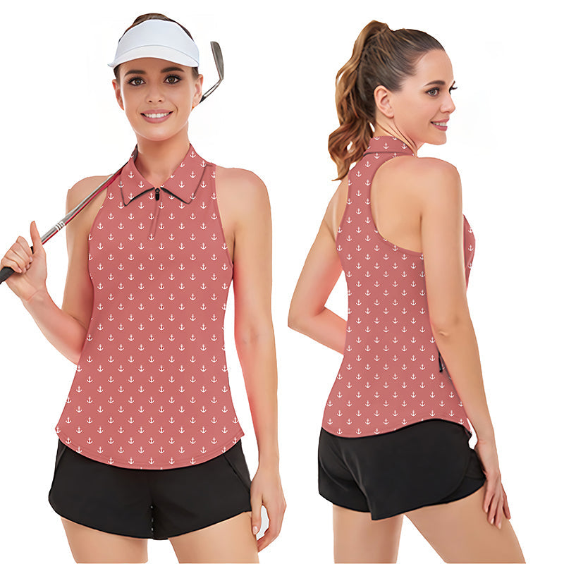 Pink red anchor sleeveless women's golf tank top polo shirt with moisture-wicking fabric and UV protection