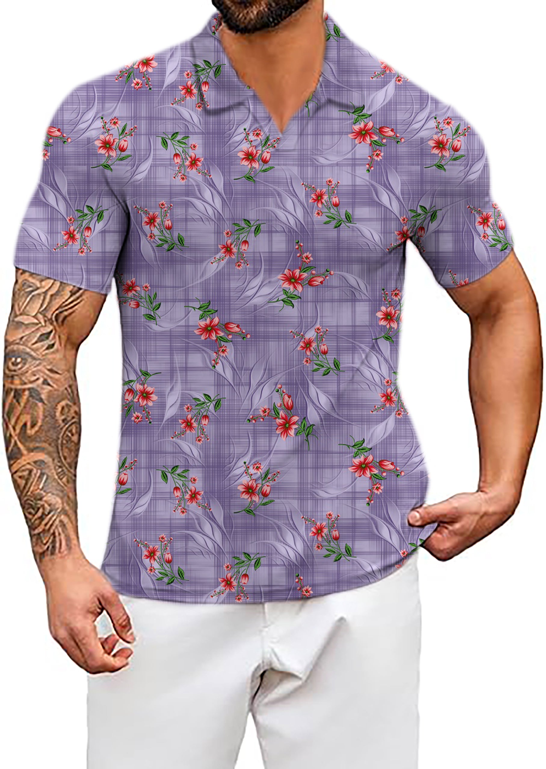 Men's Purple flower V Neck Golf Polo Shirts