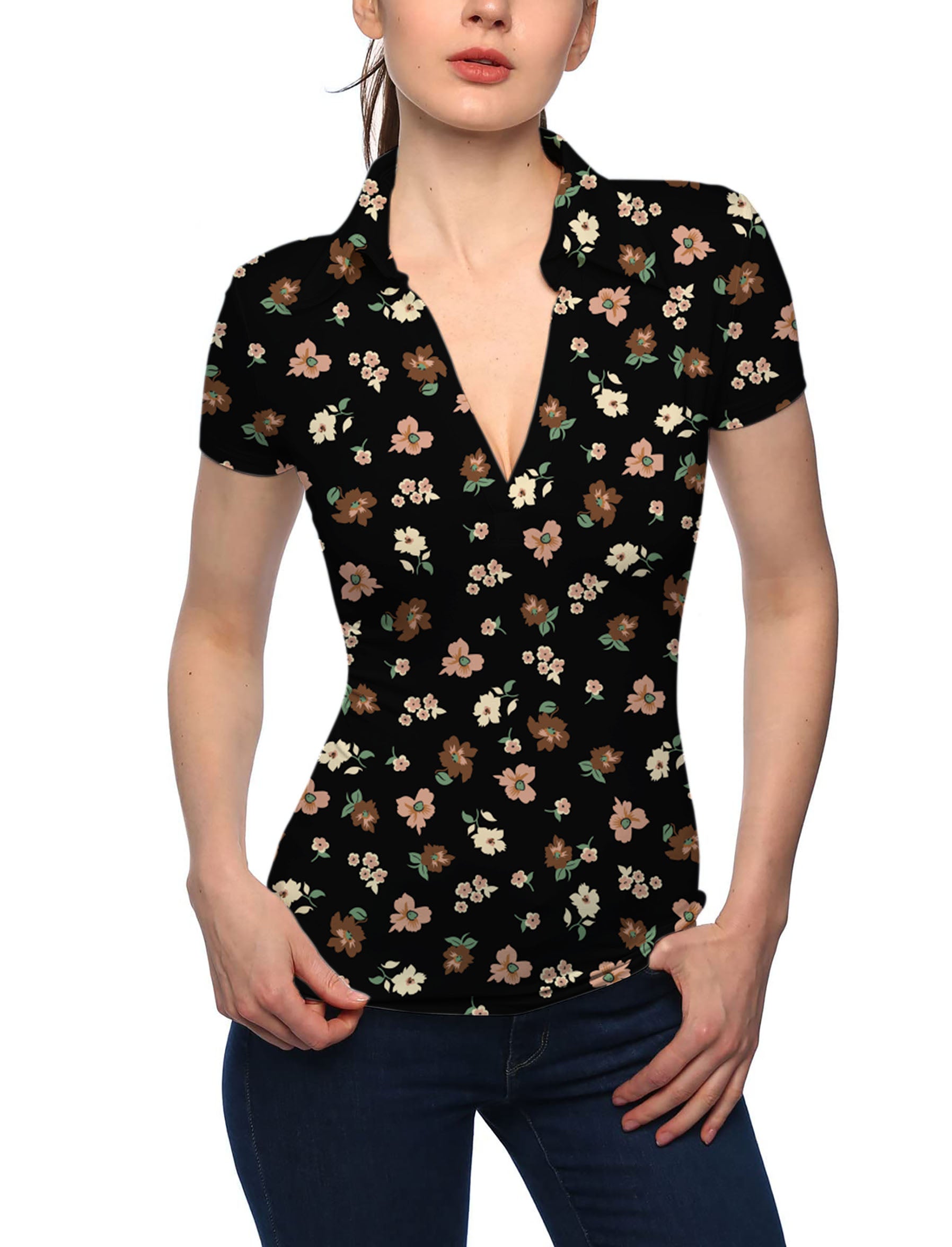 Women's black flower V Neck Golf Polo