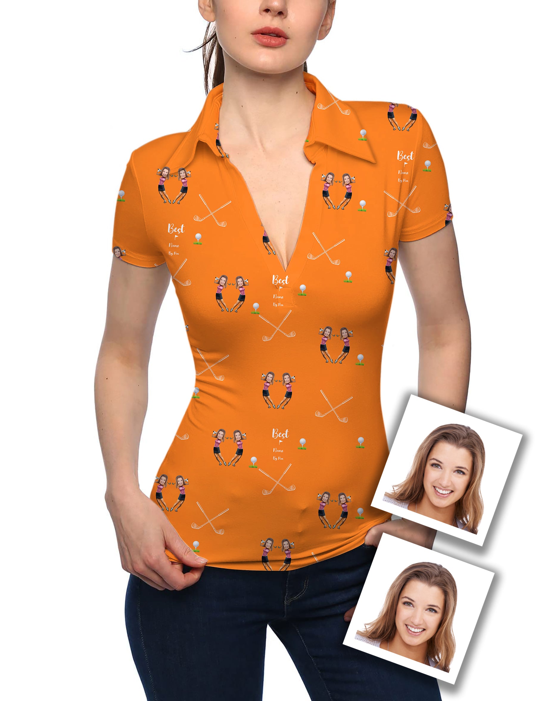 Women's Custom Sister Photo Face & Name V Neck Golf Polo