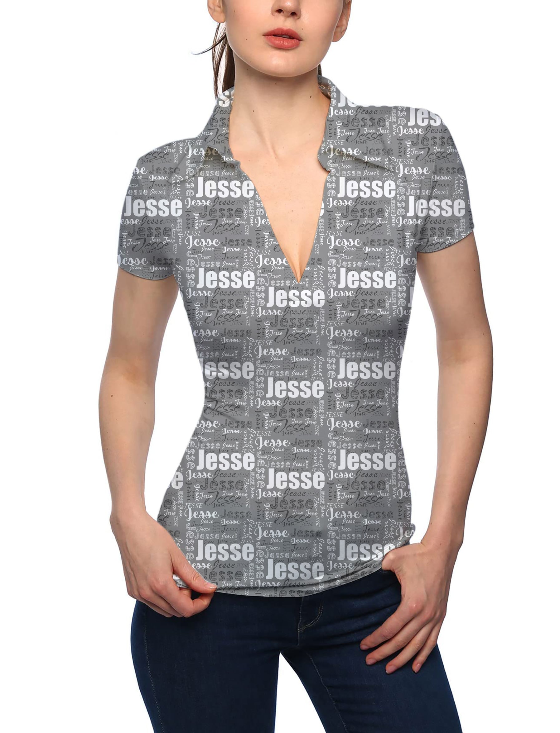 Women's Custom name grey V Neck Golf Polo