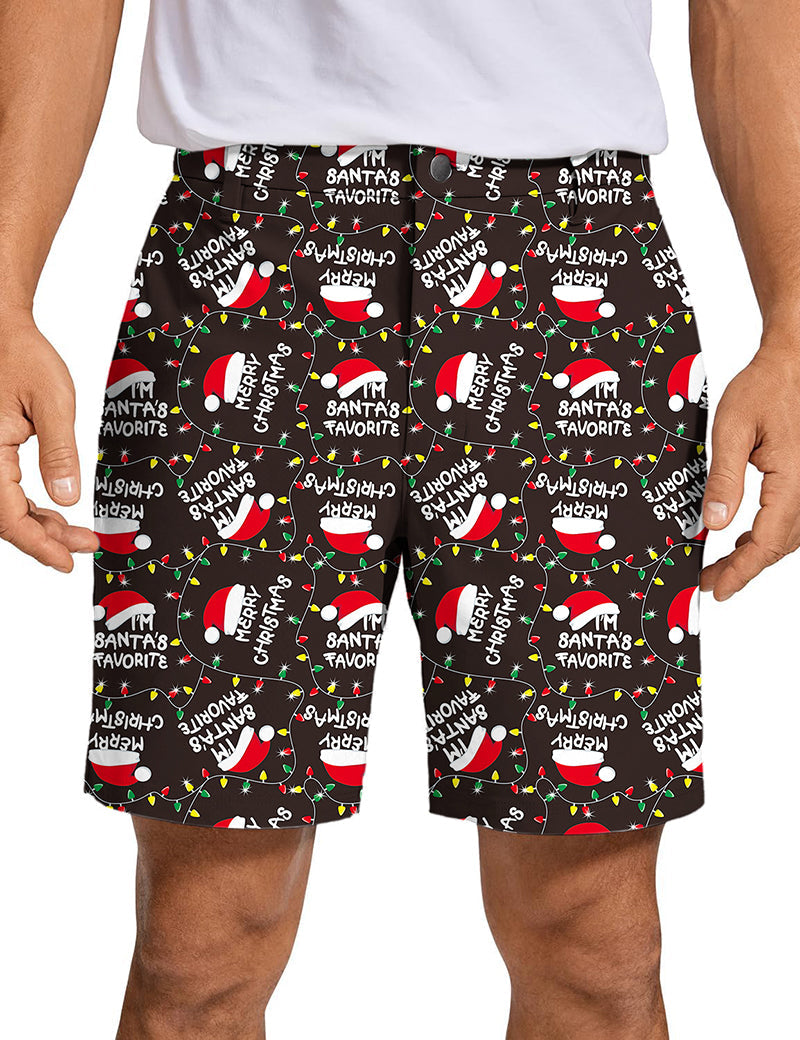 Men's Christmas themed golf shorts with Santa hats and festive text pattern
