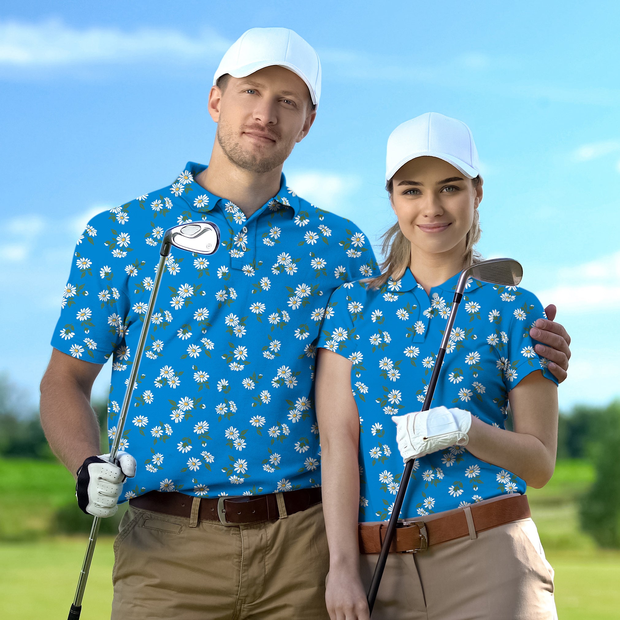 Golf Polo Couple Family set Blue Daisy tournament