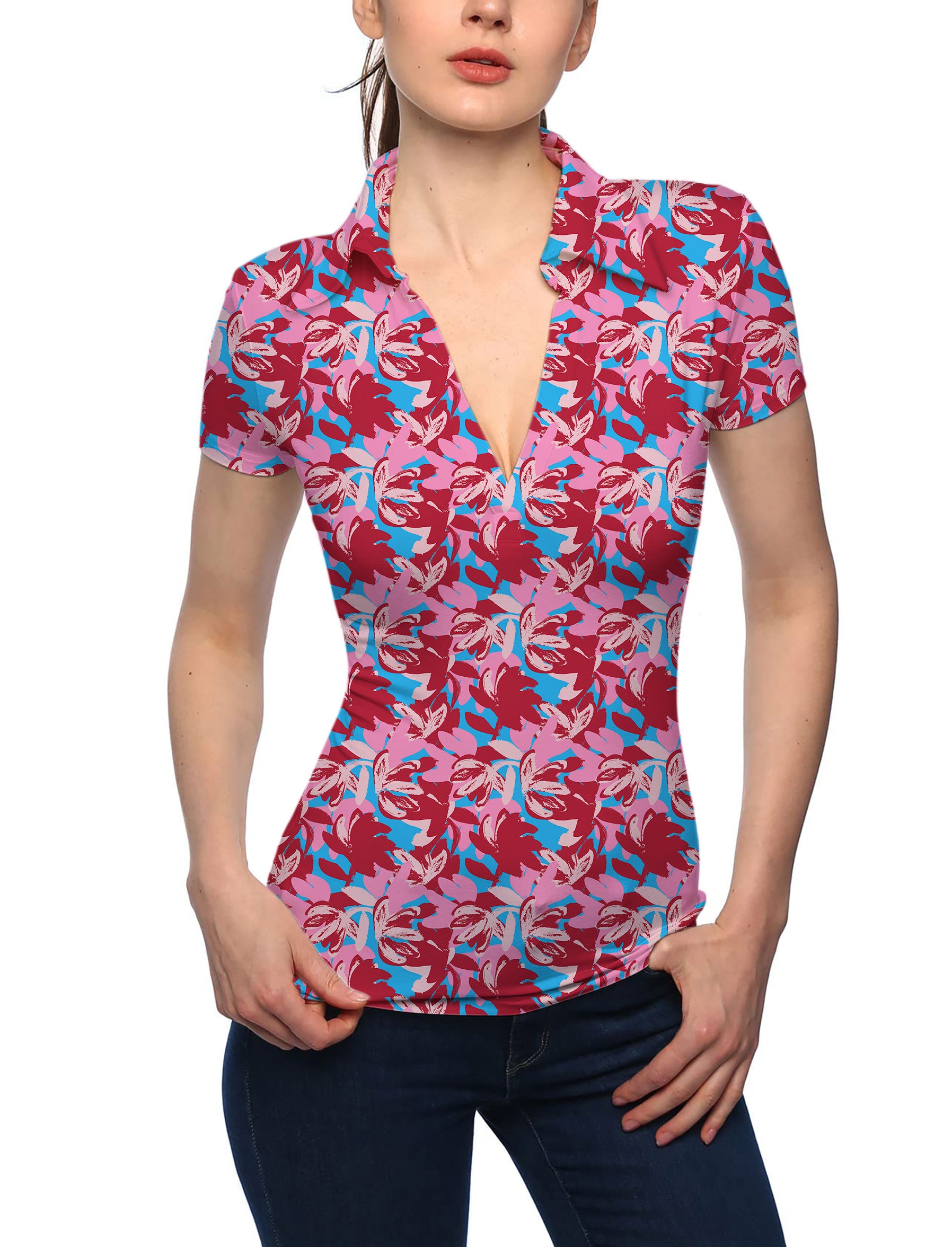 Women's Oil painting of flowers V Neck Golf Polo