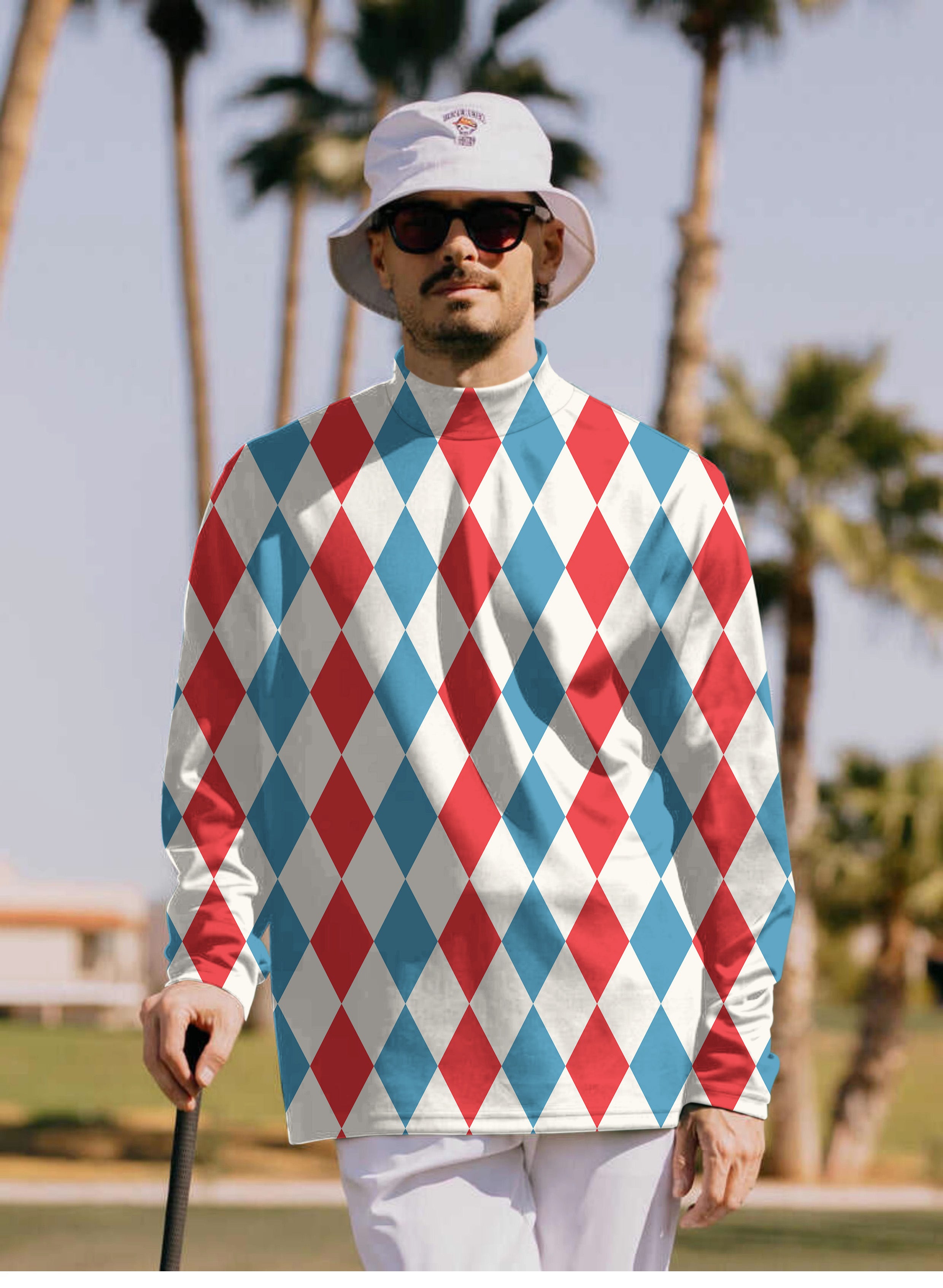 Men's Geometric checkerboard Argyle Pullover High neck Long/Short sleeve T-Shirt