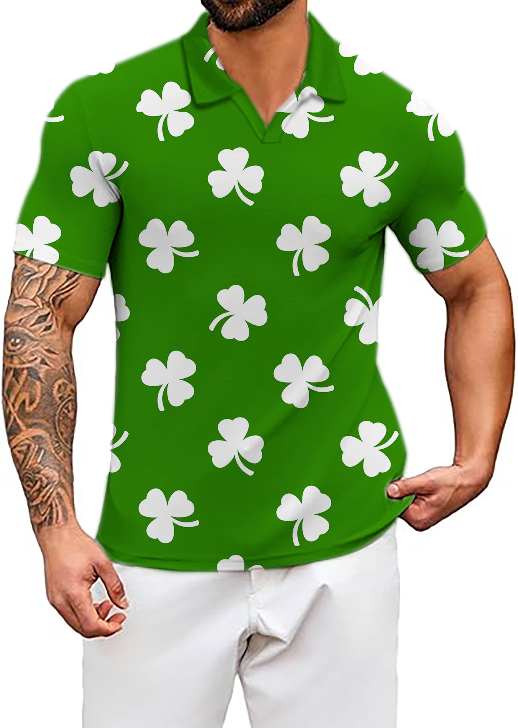 Men's Leaf clover St. Patrick's Day V Neck Golf Polo Shirts