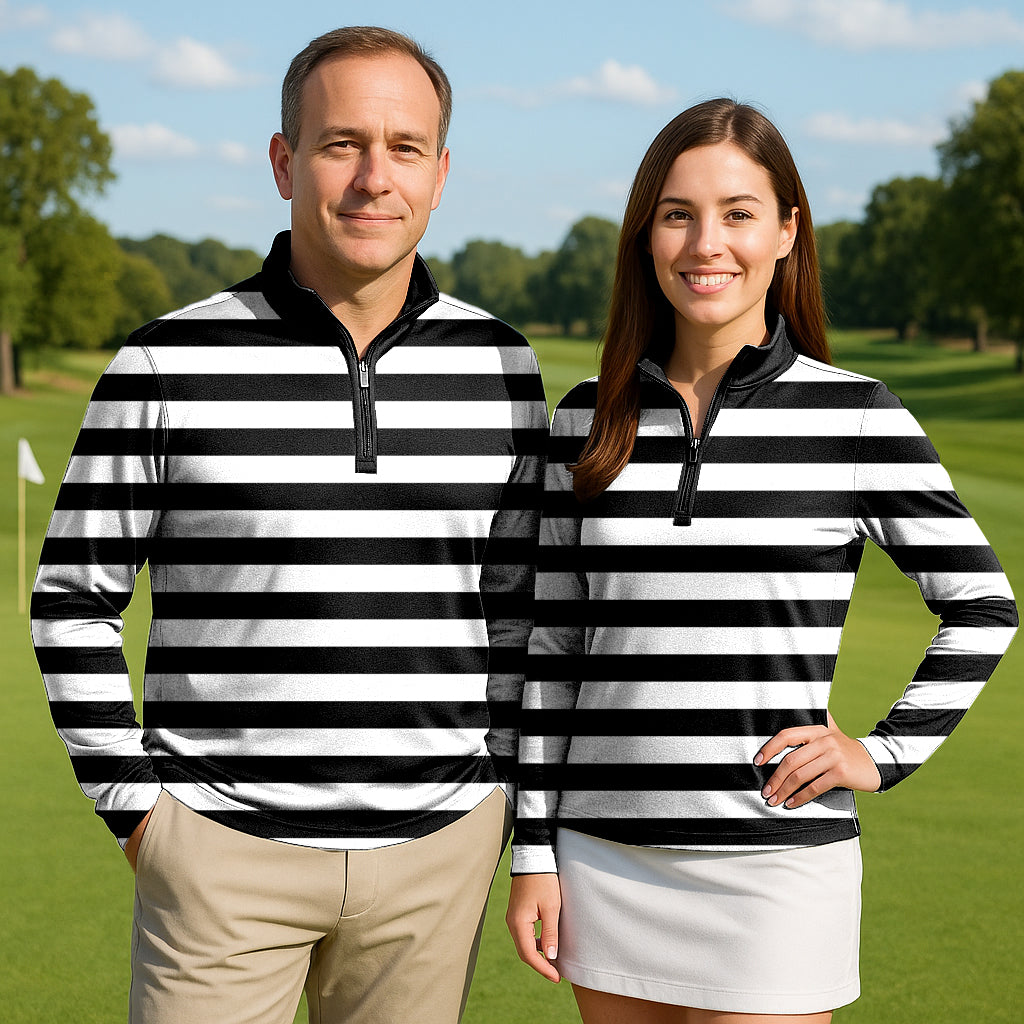 Black and white horizontal stripes Couple Golf Active 3/4 Zipper Top Long Sleeves