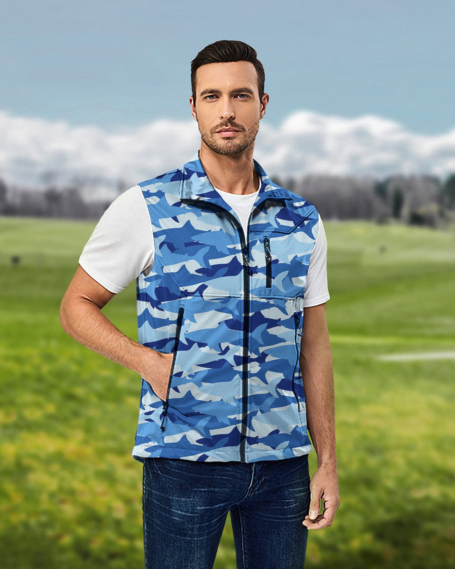 Men's Shark Camo Lightweight Softshell Vest Sleeveless Jacket for Golf Windproof Waterproof