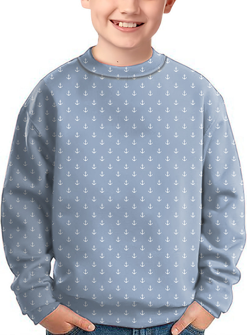 Blue Anchor Crewneck Pullover kids sweater with anchor pattern