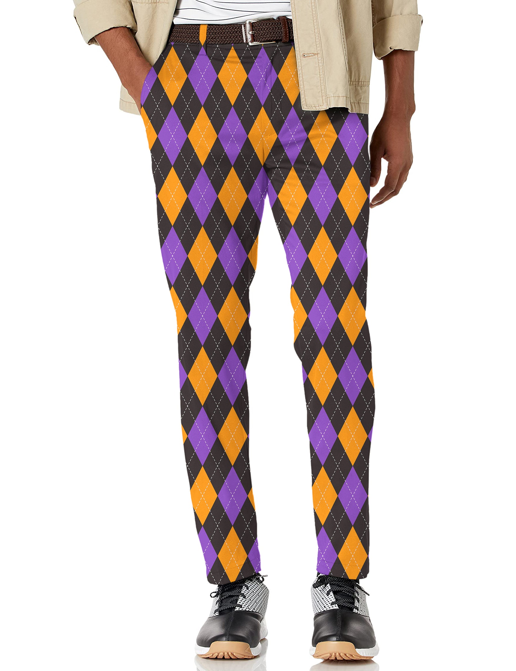 Men's Orange purple and black argyle Stretch Golf Pants