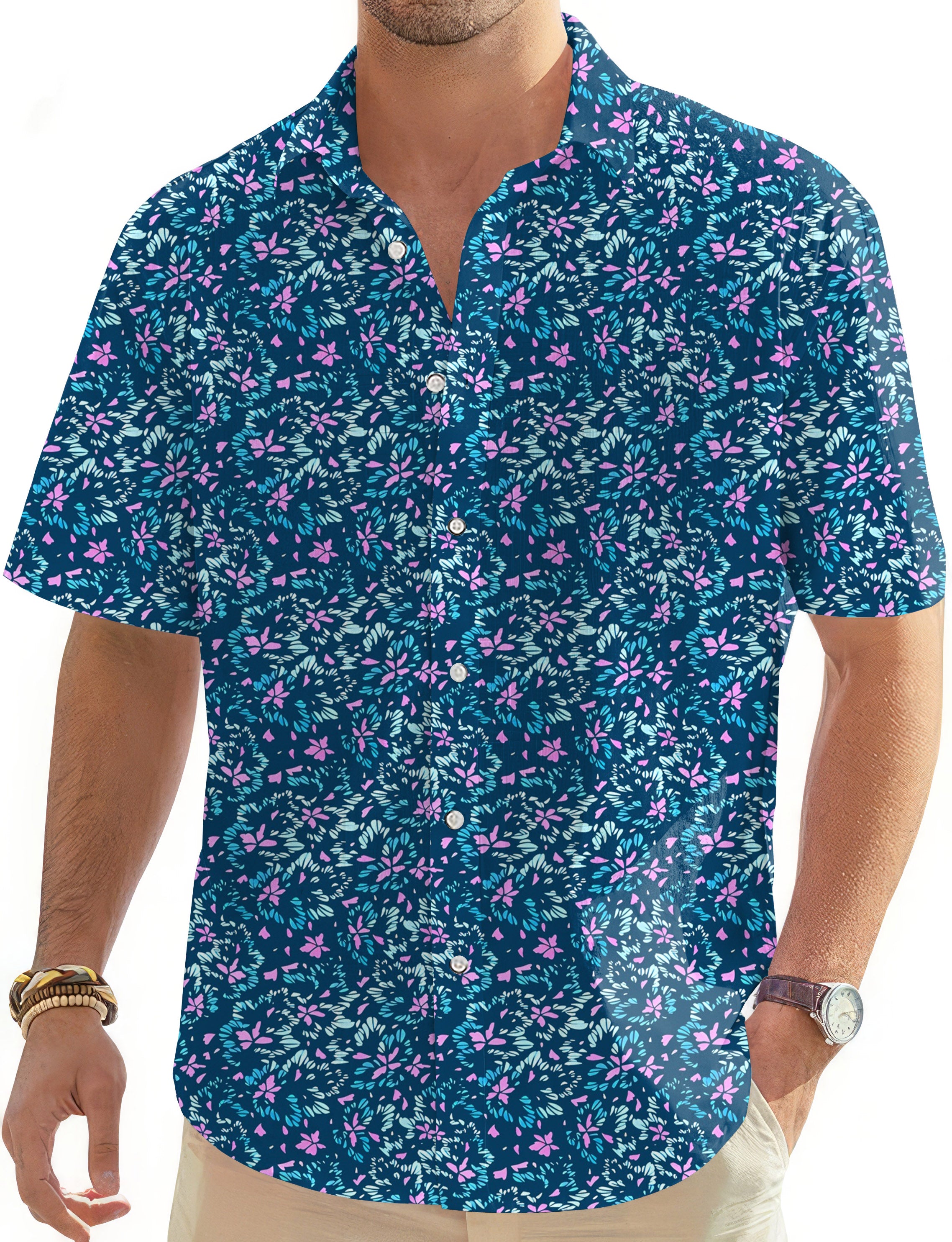 Blooming Blue-Men's Golf Hawaiian Shirts Button Down Shirt