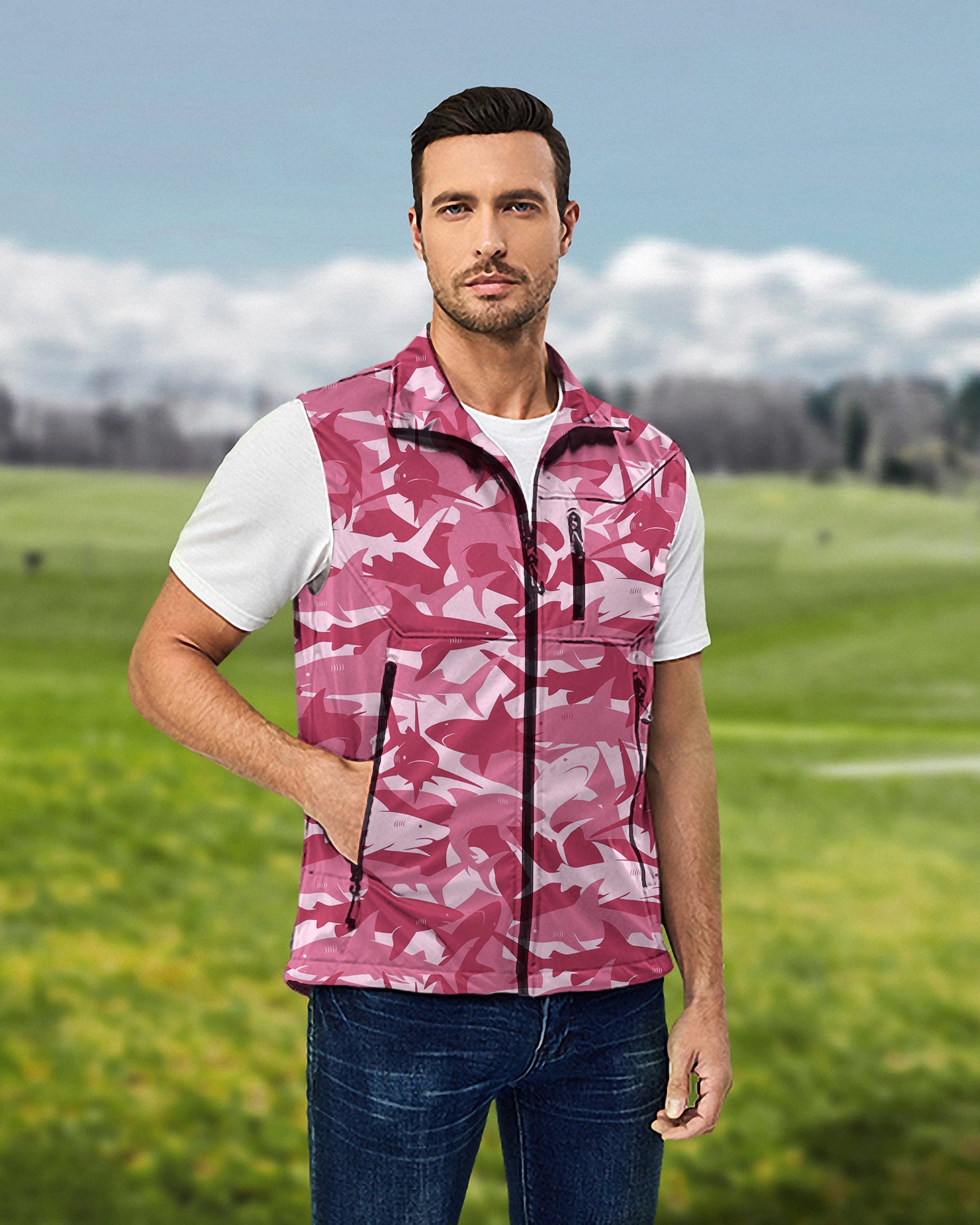 Men's Bait in the Water Lightweight Softshell Vest Sleeveless Jacket for Golf Windproof Waterproof