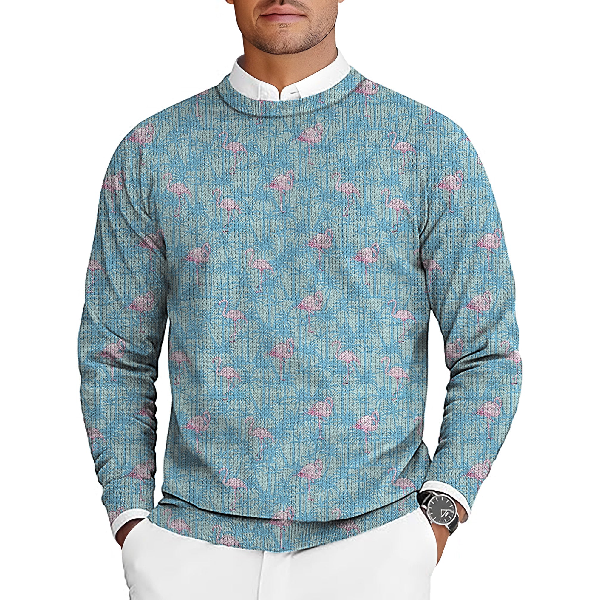 A pale pink flamingo Men's Golf Crewneck Pullover Sweaters Ugly Sweater