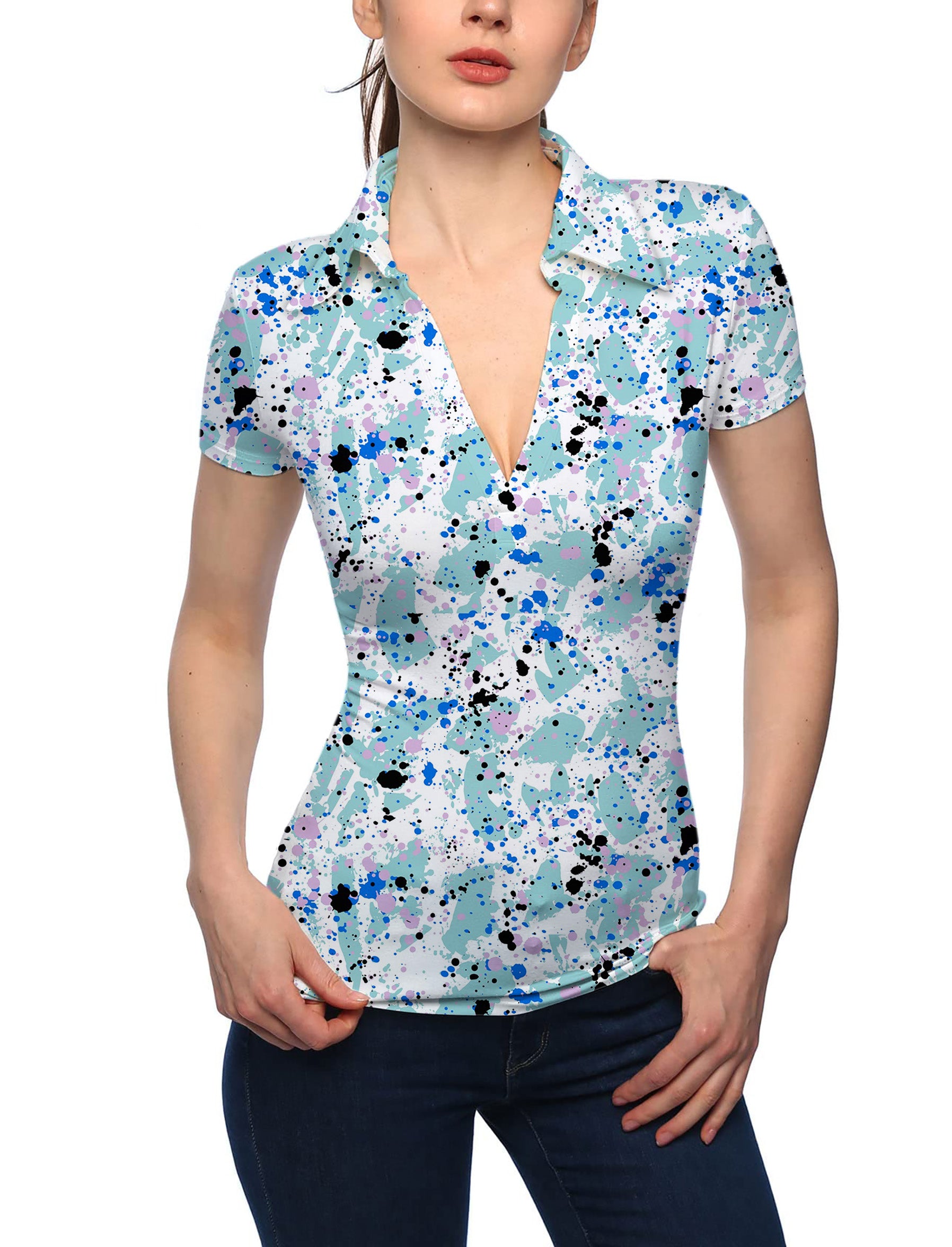 Women's Paint Splatter V Neck Golf Polo