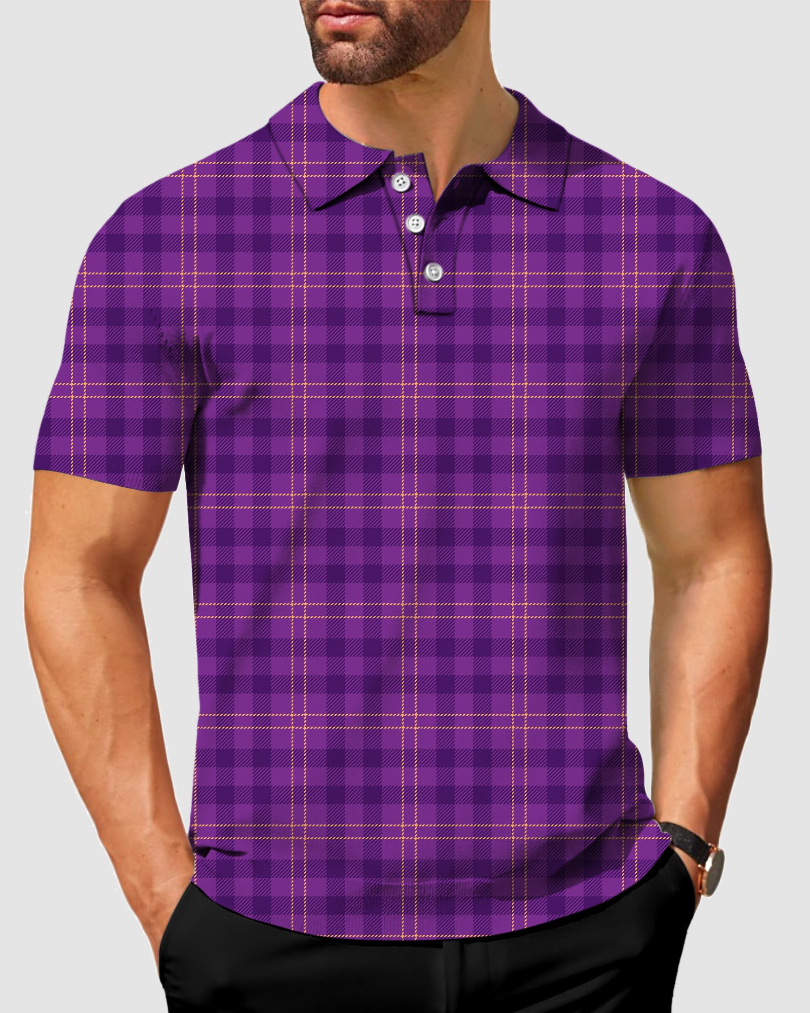 Men's Halloween purple plaid Polo