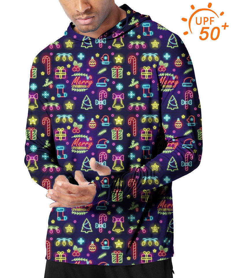 Men's outdoor neon Christmas themed slim fit hoodie with UPF 50+ sun protection and breathable fabric
