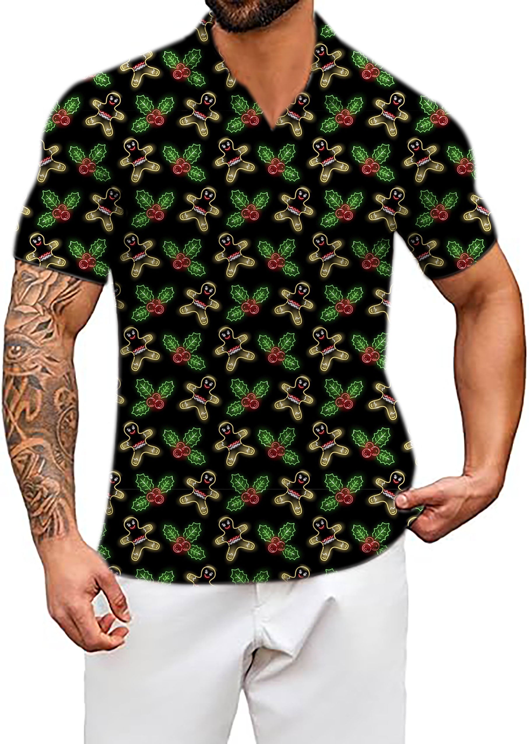 Men's Neon Gingerbread Man V Neck Golf Polo Shirts