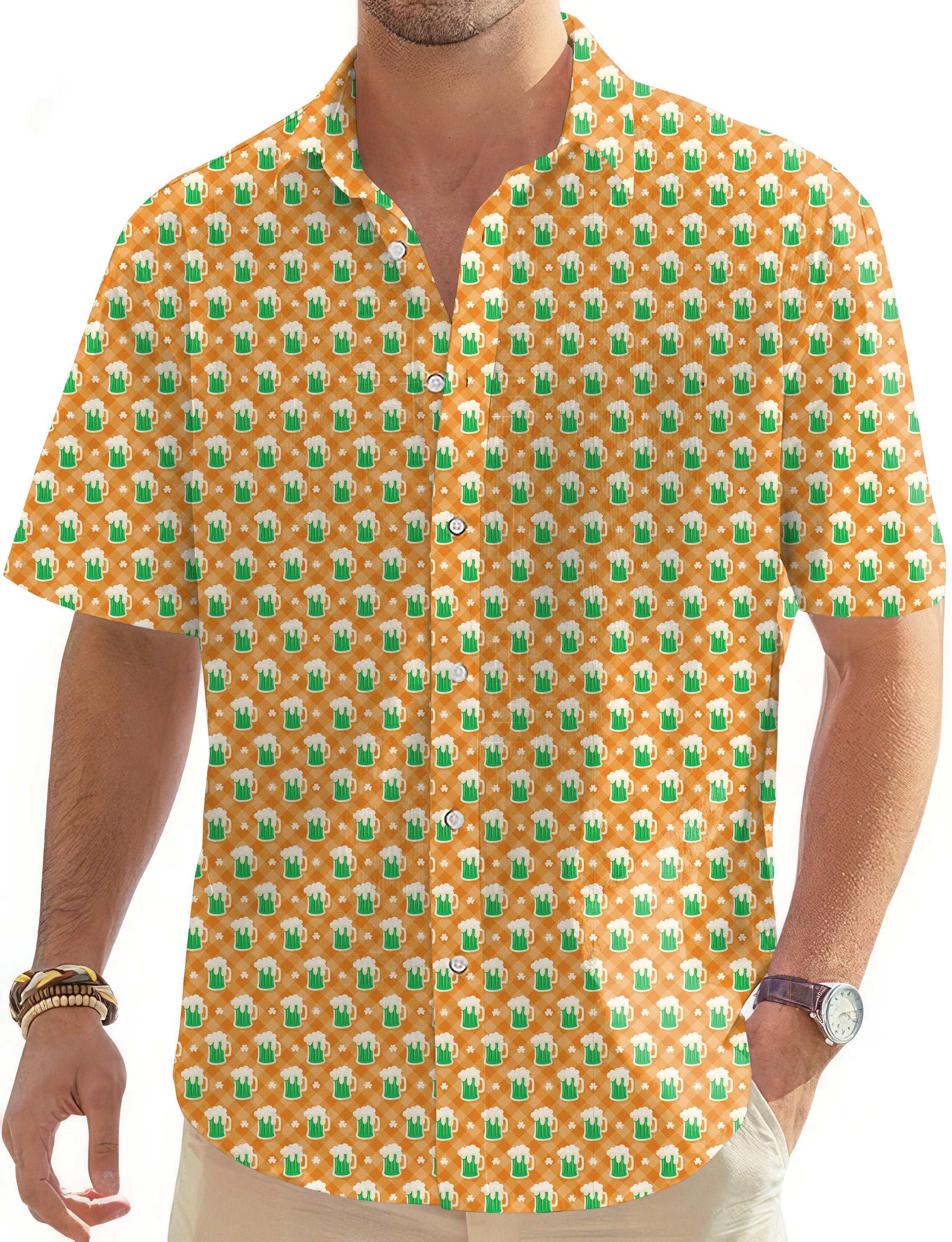 Green beer and clover leaf St. Patrick's Day-Men's Golf Hawaiian Shirts Button Down Shirt